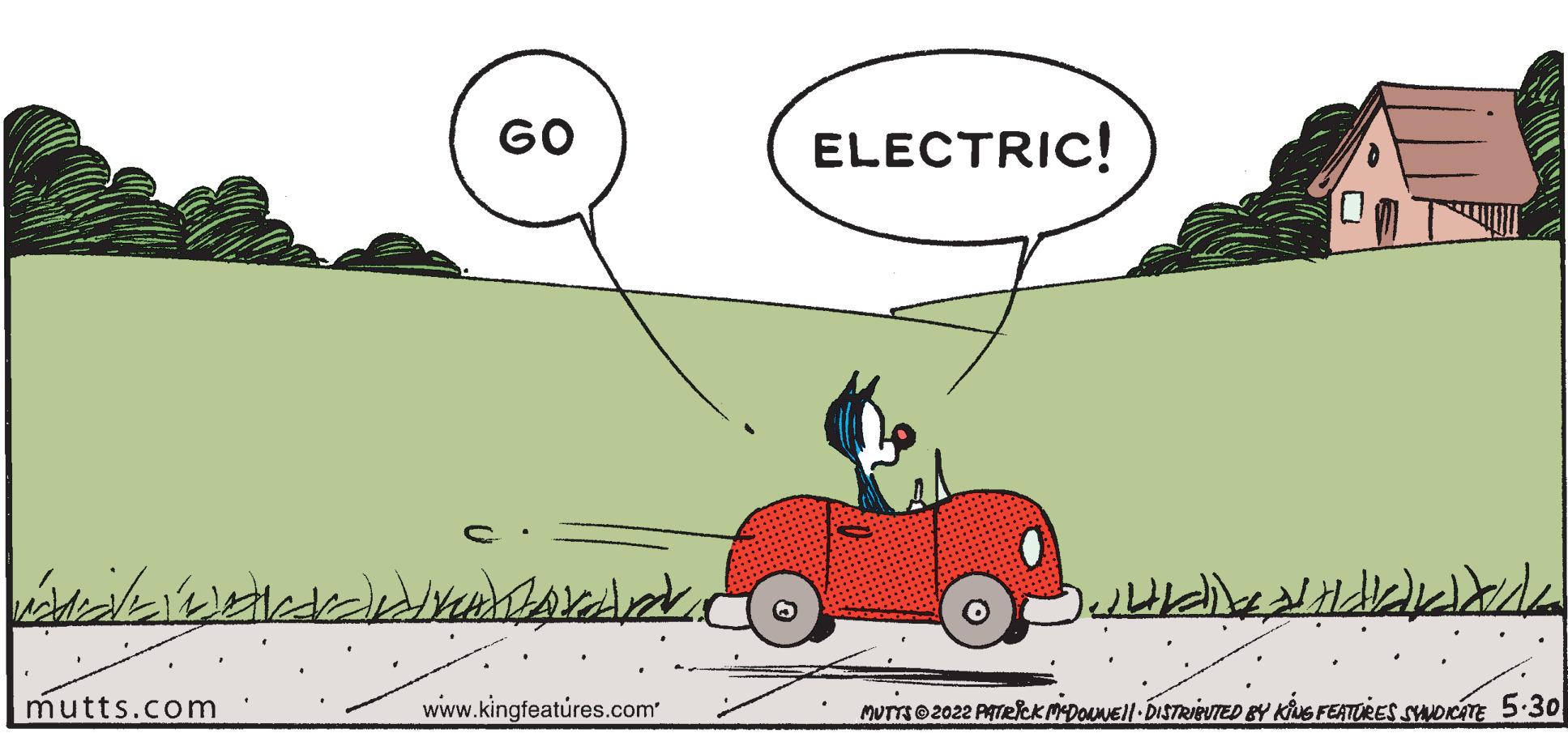 Mammal OCR: mutts.com GO Wardr www.kingfeatures.com" ?? ELECTRIC! akk MUTTS?2022 PATRICK MCDOUNEI DISTRIBUTED BY KING FEATURES SYNDICATE 5.30 mutts.com GO Wardr www.kingfeatures.com " ?? ELECTRIC ! akk MUTTS?2022 PATRICK MCDOUNEI DISTRIBUTED BY KING FEATURES SYNDICATE 5.30