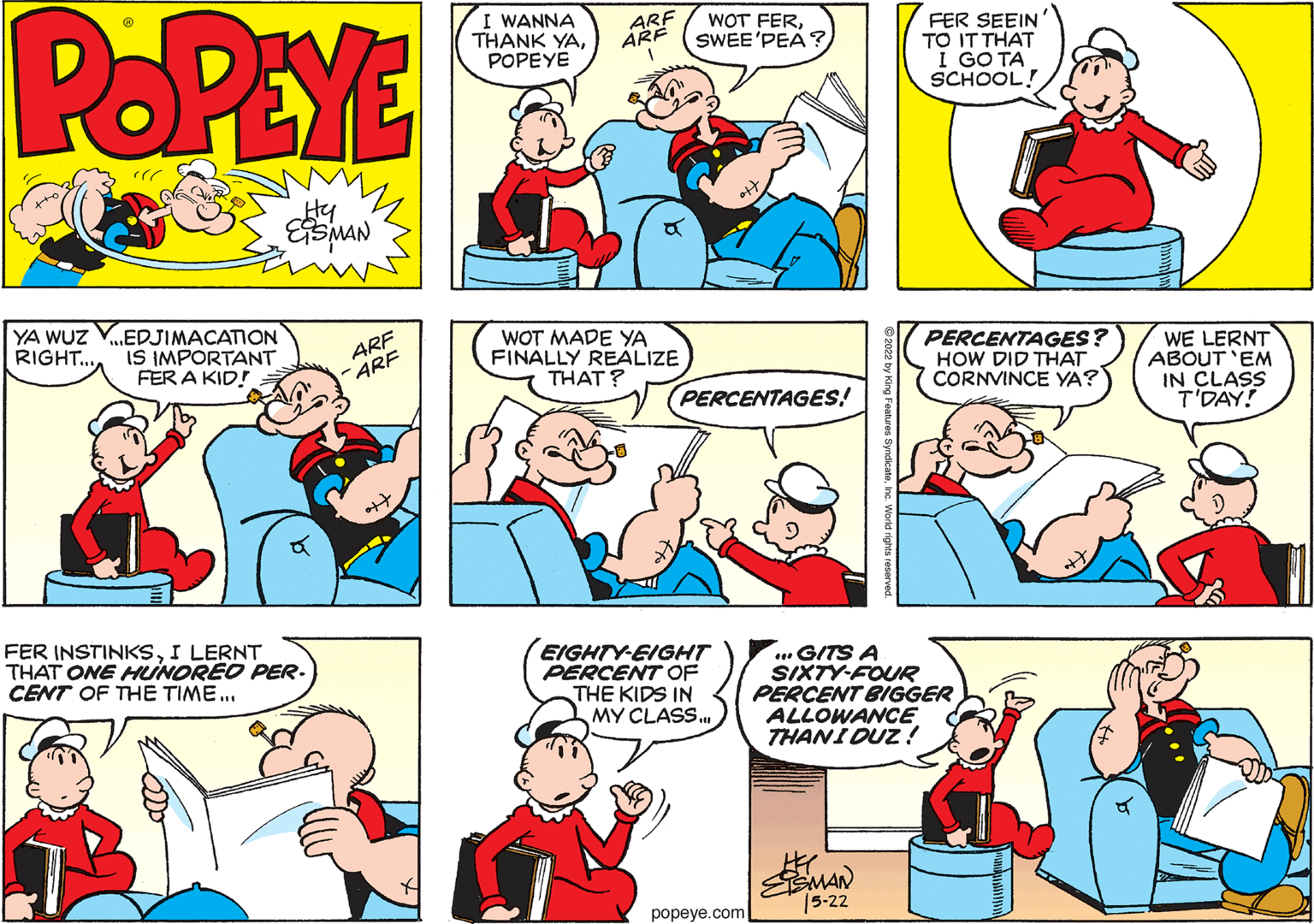 Human body OCR: POPEYE Hy ESMAN YA WUZ V...EDJIMACATION RIGHT... IS IMPORTANT FER A KID! ARF ARF FER INSTINKSI LERNT THAT ONE HUNDRED PER. CENT OF THE TIME... I WANNA THANK YAPOPEYE ARF ARF 1 WOT MADE YA FINALLY REALIZE THAT? WOT FERSWEE'PEA? PERCENTAGES! EIGHTY-EIGHT PERCENT OF THE KIDS IN MY CLASS... popeye.com FER SEEIN TO IT THAT I GOTA SCHOOL! PERCENTAGES? HOW DID THAT CORNVINCE YA? GITS A SIXTY-FOUR PERCENT BIGGER ALLOWANCE THANIDUZ! MAN 15-22 WE LERNT ABOUT 'EM IN CLASS T'DAY! POPEYE Hy ESMAN YA WUZ V ... EDJIMACATION RIGHT ... IS IMPORTANT FER A KID ! ARF ARF FER INSTINKSI LERNT THAT ONE HUNDRED PER . CENT OF THE TIME ... I WANNA THANK YAPOPEYE ARF ARF 1 WOT MADE YA FINALLY REALIZE THAT ? WOT FERSWEE'PEA ? PERCENTAGES ! EIGHTY - EIGHT PERCENT OF THE KIDS IN MY CLASS ... popeye.com FER SEEIN TO IT THAT I GOTA SCHOOL ! PERCENTAGES ? HOW DID THAT CORNVINCE YA ? GITS A SIXTY - FOUR PERCENT BIGGER ALLOWANCE THANIDUZ ! MAN 15-22 WE LERNT ABOUT ' EM IN CLASS T'DAY !