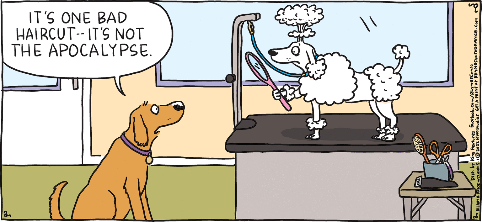 Dog breed OCR: IT'S ONE BAD HAIRCUT-- IT'S NOT THE APOCALYPSE. FRES LPY Rhymes with Orange HILARY B. PRIce The poof Says "POOF" IT'S ONE BAD HAIRCUT-- IT'S NOT THE APOCALYPSE. FRES LPY Rhymes with Orange HILARY B. PRIce The poof Says "POOF"