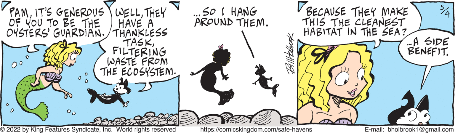 Line art OCR: S0 I HANG AROUND THEM. V BECAUSE THEY MAKE THIS THE CLEANEST HABITAT IN THE SEA? PAMTHEY HAVE A OYSTERS' GUARDIAN./ THANKLESS TASKFILTERING WASTE FROM THE ECOSYSTEM. OF YOU TO BE THE ...A SIDE BENEFIT. Oo O 2022 by King Features SyndicateInc. World rights reserved https://comicskingdom.com/safe-havens E-mail: bholbrook1@gmail.com S0 I HANG AROUND THEM. V BECAUSE THEY MAKE THIS THE CLEANEST HABITAT IN THE SEA? PAMIT'S GENEROUS WELLTHEY HAVE A OYSTERS' GUARDIAN./ THANKLESS TASKFILTERING WASTE FROM THE ECOSYSTEM. OF YOU TO BE THE ...A SIDE BENEFIT. Oo O 2022 by King Features SyndicateInc. World rights reserved https://comicskingdom.com/safe-havens E-mail: bholbrook1@gmail.com