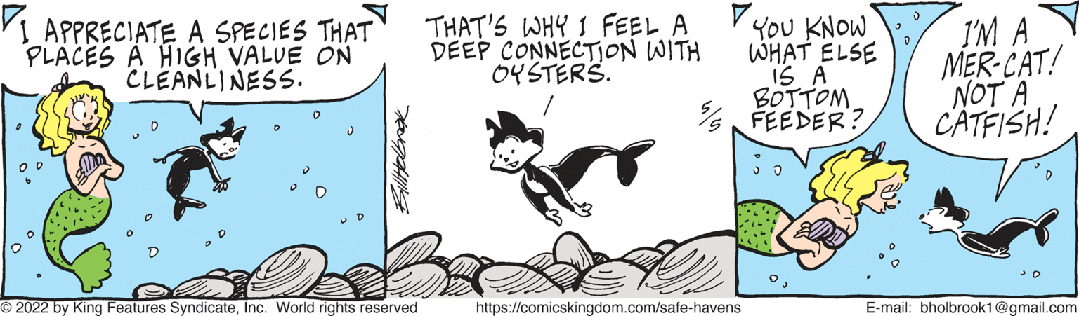 Window OCR: P You KNOW WHAT ELSE 1S A BOTTOM % FEEDER ? I'M A MER-CAT! NOT A CATFISH! I APPRECIATE A SPECIES THAT THAT'S WHY 1 FEEL A DEEP CONNECTION WITH PLACES A HIGH VALUE ON CLEANLINESS. 0YSTERS. O 2022 by King Features SyndicateInc. World rights reserved https://comicskingdom.com/safe-havens E-mail: bholbrook1@gmail.com P You KNOW WHAT ELSE 1S A BOTTOM % FEEDER ? I'M A MER-CAT! NOT A CATFISH! I APPRECIATE A SPECIES THAT THAT'S WHY 1 FEEL A DEEP CONNECTION WITH PLACES A HIGH VALUE ON CLEANLINESS. 0YSTERS. O 2022 by King Features SyndicateInc. World rights reserved https://comicskingdom.com/safe-havens E-mail: bholbrook1@gmail.com