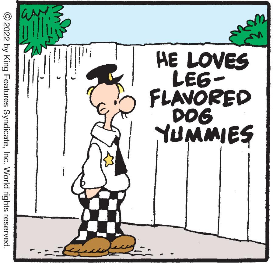 Illustration OCR: HE LOVES LEG- FLAVÖRED DOG YUMMIES © 2022 by King Features SyndicateInc. World rights reserved. HE LOVES LEG- FLAVÖRED DOG YUMMIES © 2022 by King Features SyndicateInc. World rights reserved.