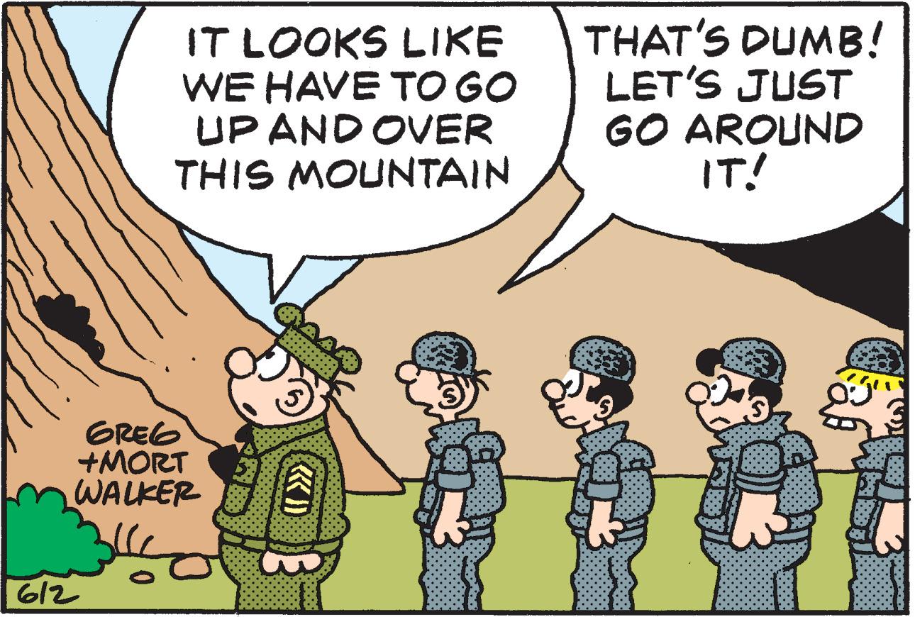 Mammal OCR: IT LOOKS LIKE WE HAVE TO GO UP AND OVER THIS MOUNTAIN GREG +MORT WALKER 612 THAT'S DUMB! LET'S JUST GO AROUND IT! IT LOOKS LIKE WE HAVE TO GO UP AND OVER THIS MOUNTAIN GREG + MORT WALKER 612 THAT'S DUMB ! LET'S JUST GO AROUND IT !