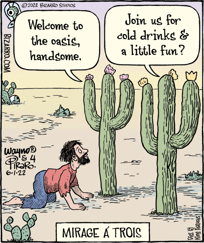 Design OCR: BIZARRO.COM ?2022 BIZARRO STUDIOS Welcome to the oasishandsome. Wayno? PiRaRo. 4 6.1.22 Mwan Join us for cold drinks & a little fun? MIRAGE Á TROIS King features BIZARRO.COM ?2022 BIZARRO STUDIOS Welcome to the oasishandsome . Wayno? PiRaRo . 4 6.1.22 Mwan Join us for cold drinks & a little fun ? MIRAGE Á TROIS King features