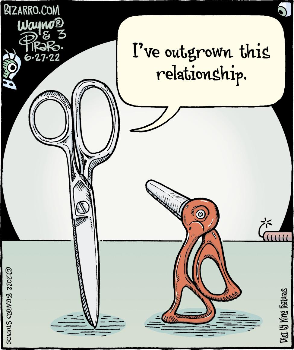 Drawing OCR: BIZARRO.COM Wayno? 3 Paolo 6.27.22 ?2022 BIZARRO STUDIOS 20 I've outgrown this relationship. * Dist.ly King Features BIZARRO.COM Wayno? 3 Paolo 6.27.22 ?2022 BIZARRO STUDIOS 20 I've outgrown this relationship . * Dist.ly King Features