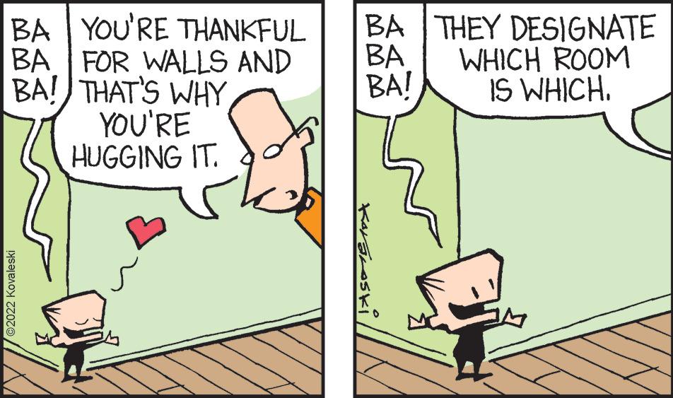 Line OCR: BA YOU'RE THANKFUL BA FOR WALLS AND BA! THAT'S WHY YOU'RE HUGGING IT. ©2022 Kovale ski BA BA BA! Korárosi THEY DESIGNATE WHICH ROOM IS WHICH. BA YOU'RE THANKFUL BA FOR WALLS AND BA ! THAT'S WHY YOU'RE HUGGING IT . © 2022 Kovale ski BA BA BA ! Korárosi THEY DESIGNATE WHICH ROOM IS WHICH .