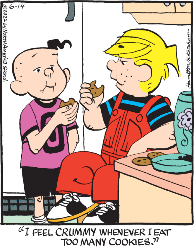 Art OCR: ?2022 by NORTH America Synd. 6-14 "I FEEL CRUMMY WHENEVER I EAT TOO MANY COOKIES.?? Hamn@on/S.Ketcham. ?2022 by NORTH America Synd . 6-14 " I FEEL CRUMMY WHENEVER I EAT TOO MANY COOKIES . ?? Hamn@on/S.Ketcham .