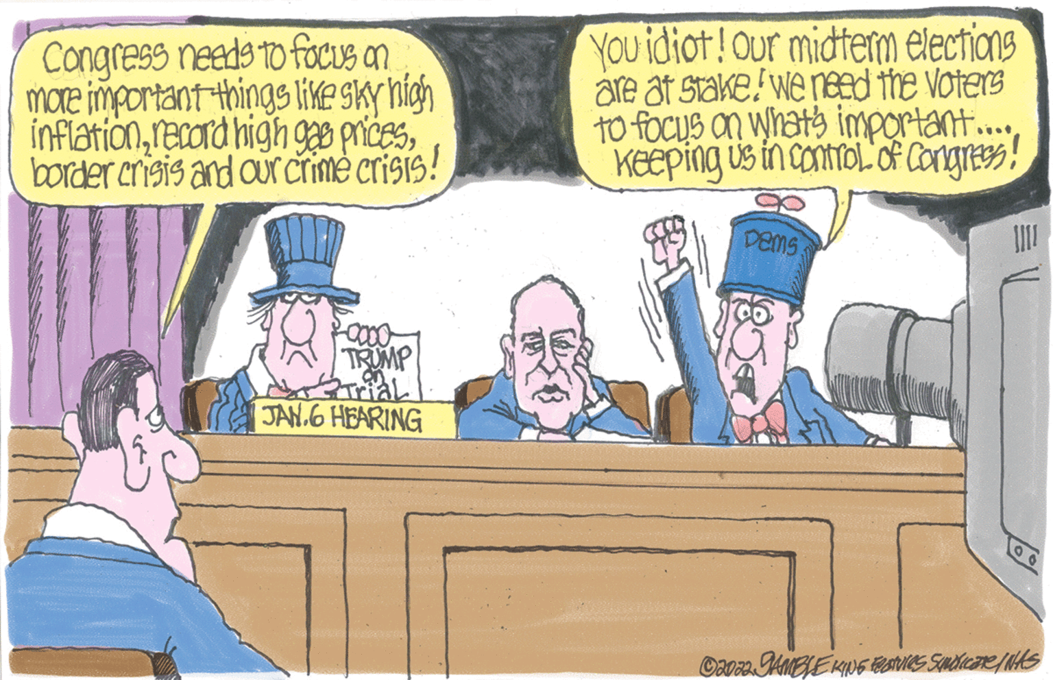 Comic book OCR: Congress needs to focus on more important things like sky high inflationborder crisis and our crime crisis! TRUMP Trial JAN 6 HEARING You idiot! Our midterm elections are at stake! we need the voters to focus on what's important..... Keeping us in control of Congress! Dems 100 ?2022 JAMBLE KING Features Sindicate / NAS Congress needs to focus on more important things like sky high inflationrecord high gee pricesborder crisis and our crime crisis ! TRUMP Trial JAN 6 HEARING You idiot ! Our midterm elections are at stake ! we need the voters to focus on what's important ..... Keeping us in control of Congress ! Dems 100 ?2022 JAMBLE KING Features Sindicate / NAS