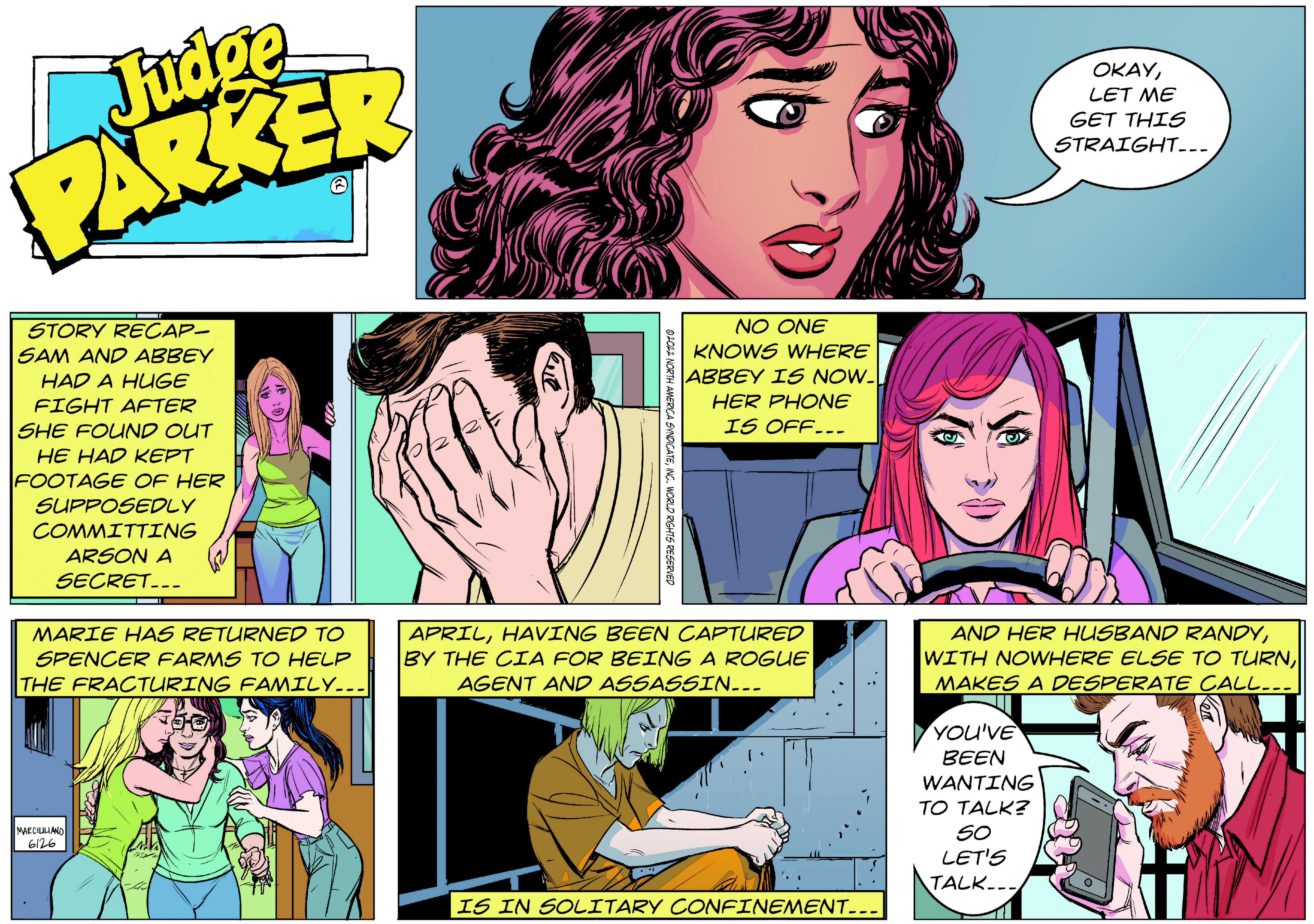 Art OCR: Judge PARKER STORY RECAP- SAM AND ABBEY HAD A HUGE FIGHT AFTER SHE FOUND OUT HE HAD KEPT FOOTAGE OF HER SUPPOSEDLY COMMITTING ARSON A SECRET... MARIE HAS RETURNED TO SPENCER FARMS TO HELP THE FRACTURING FAMILY... MARCILLLAND 6126 NO ONE KNOWS WHERE ABBEY IS NOW-L HER PHONE IS OFF... APRILHAVING BEEN CAPTURED BY THE CIA FOR BEING A ROGUE AGENT AND ASSASSIN... IS IN SOLITARY CONFINEMENT.. OKAYLET ME GET THIS STRAIGHT... AND HER HUSBAND RANDYMAKES A DESPERATE CALL... YOU'VE BEEN WANTING TO TALK? 50 LET'S TALK... Judge PARKER STORY RECAP SAM AND ABBEY HAD A HUGE FIGHT AFTER SHE FOUND OUT HE HAD KEPT FOOTAGE OF HER SUPPOSEDLY COMMITTING ARSON A SECRET ... MARIE HAS RETURNED TO SPENCER FARMS TO HELP THE FRACTURING FAMILY ... MARCILLLAND 6126 NO ONE KNOWS WHERE ABBEY IS NOW - L HER PHONE IS OFF ... APRILHAVING BEEN CAPTURED BY THE CIA FOR BEING A ROGUE AGENT AND ASSASSIN ... IS IN SOLITARY CONFINEMENT .. OKAYLET ME GET THIS STRAIGHT ... AND HER HUSBAND RANDYWITH NOWHERE ELSE TO TURNMAKES A DESPERATE CALL ... YOU'VE BEEN WANTING TO TALK ? 50 LET'S TALK ...