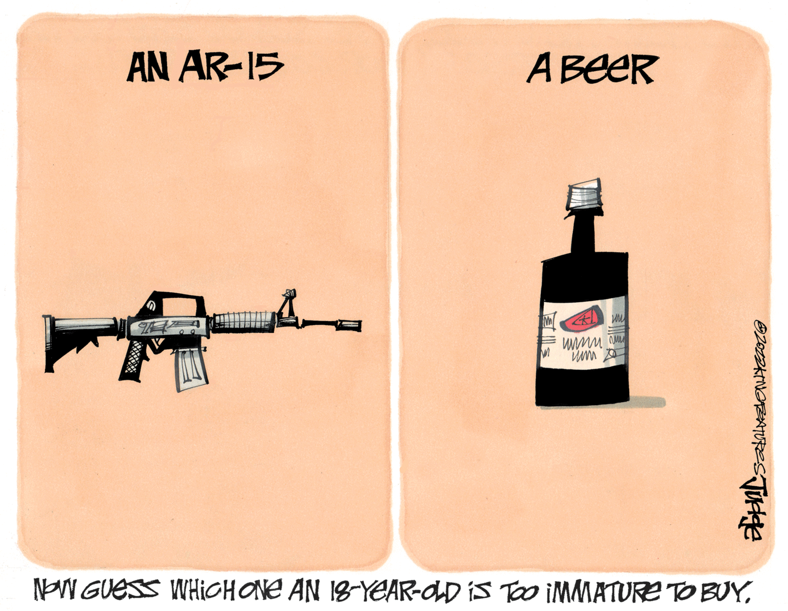 Diagram OCR: AN AR-15 A BeeR ? w ???? ??? X NOW GUESS WHICH ONE AN 18-YEAR-OLD is Too IMMATURE TO BUY2012KINGZATURES Judge AN AR - 15 A BeeR ? w ???? ??? X NOW GUESS WHICH ONE AN 18 - YEAR - OLD is Too IMMATURE TO BUY2012KINGZATURES Judge