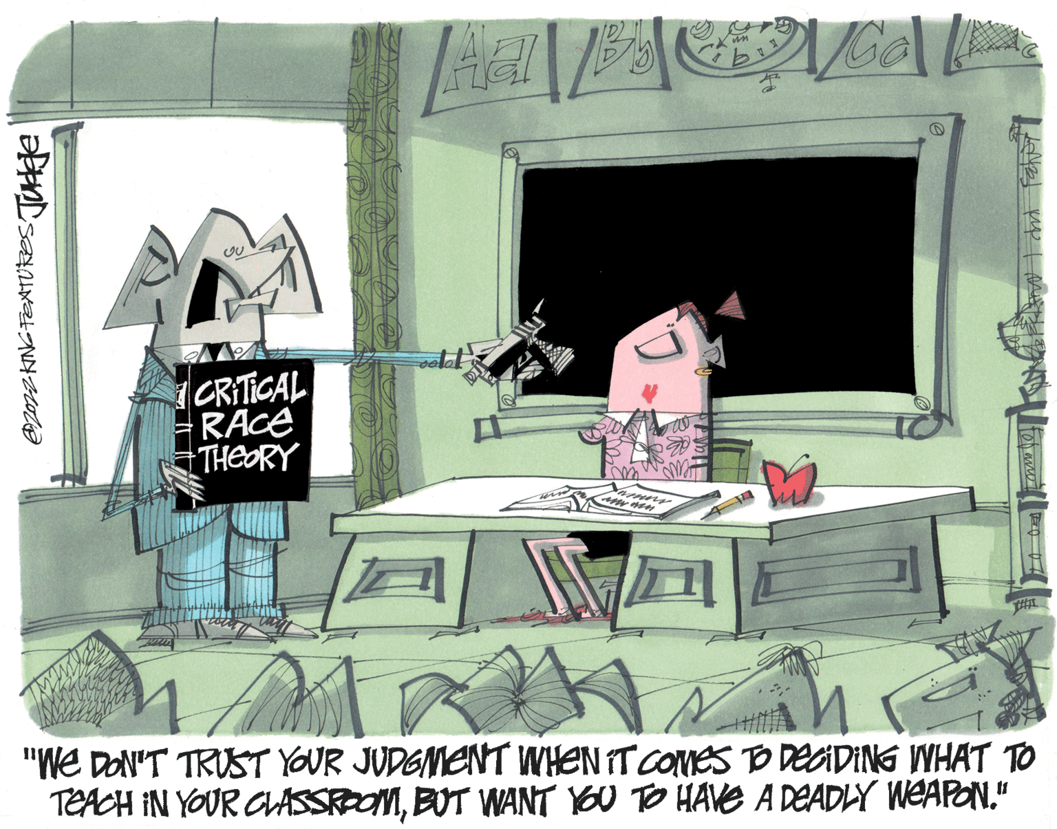 Room OCR: EDZ022 KING FEATURES Judge B/Col @ OU CRITICAL RACE THEORY men www THIL "We DON'T TRUST YOUR JUDGMENT WHEN IT COMES TO DECIDING WHAT TO TEACH IN YOUR CLASSROOMBUT WANT YOU TO HAVE A DEADLY WEAPON." EDZ022 KING FEATURES Judge B / Col @ OU CRITICAL RACE THEORY men www THIL " We DON'T TRUST YOUR JUDGMENT WHEN IT COMES TO DECIDING WHAT TO TEACH IN YOUR CLASSROOMBUT WANT YOU TO HAVE A DEADLY WEAPON . "