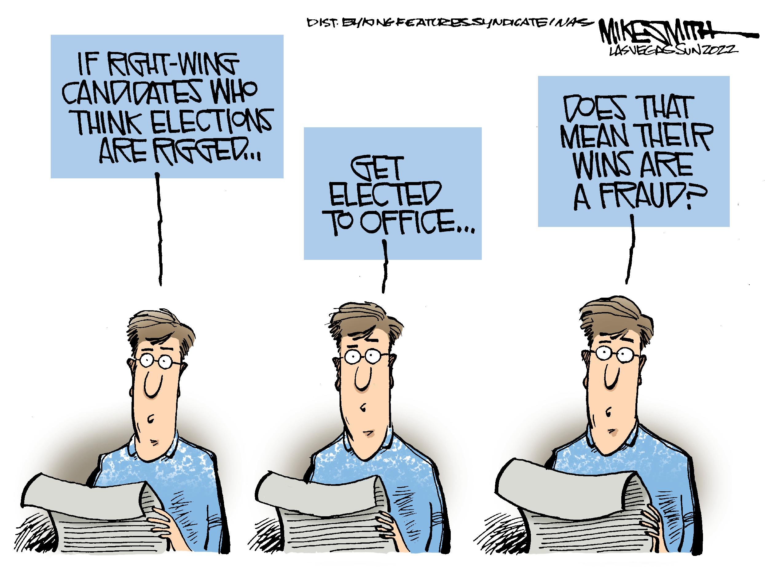 Art OCR: IF RIGHT-WING CANDIDATES WHO THINK ELECTIONS ARE RIGGED... DIST. BYLING FEATURES SYNDICATE INAS MIKEN MITH LASVEGASSUNZOZZ DOES THAT MEAN THEIR WINS ARE GET ELECTED TO OFFICE... A FRAUD IF RIGHT - WING CANDIDATES WHO THINK ELECTIONS ARE RIGGED ... DIST . BYLING FEATURES SYNDICATE INAS MIKEN MITH LASVEGASSUNZOZZ DOES THAT MEAN THEIR WINS ARE GET ELECTED TO OFFICE ... A FRAUD