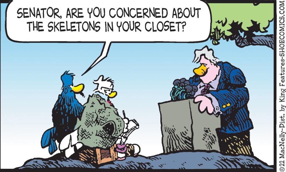 Conversation OCR: SENATORARE YOU CONCERNED ABOUT THE SKELETONS IN YOUR CLOSET? Aut 22 MacNelly-Dist. by King Features-SHOECOMICS.COM SENATORARE YOU CONCERNED ABOUT THE SKELETONS IN YOUR CLOSET ? Aut 22 MacNelly - Dist . by King Features-SHOECOMICS.COM
