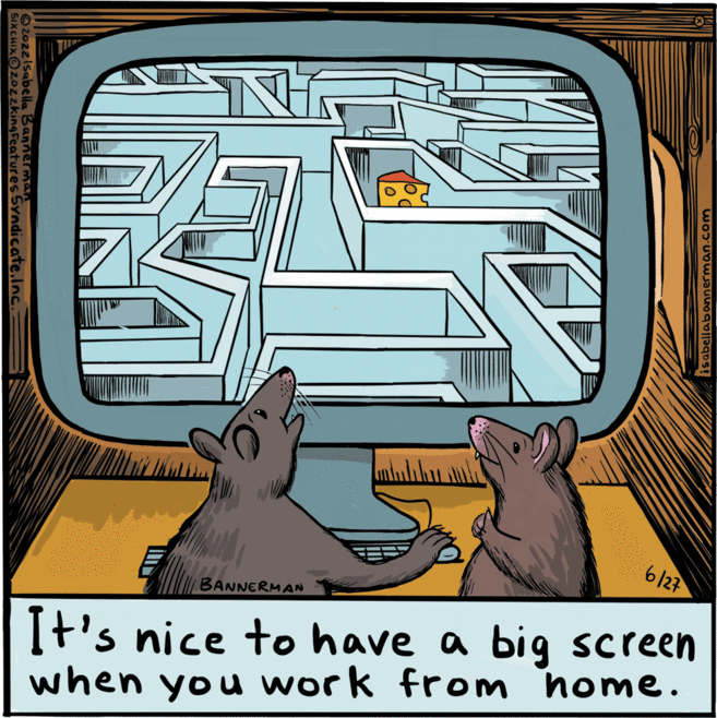 Illustration OCR: SIXCHIXZOzzking Features Syndicate. Inc ©20zz Isabella Bannerman isabellabannerman.com 6127 BANNERMAN It's nice to have a big screen when you work from home. SIXCHIXZOzzking Features Syndicate . Inc © 20zz Isabella Bannerman isabellabannerman.com 6127 BANNERMAN It's nice to have a big screen when you work from home .