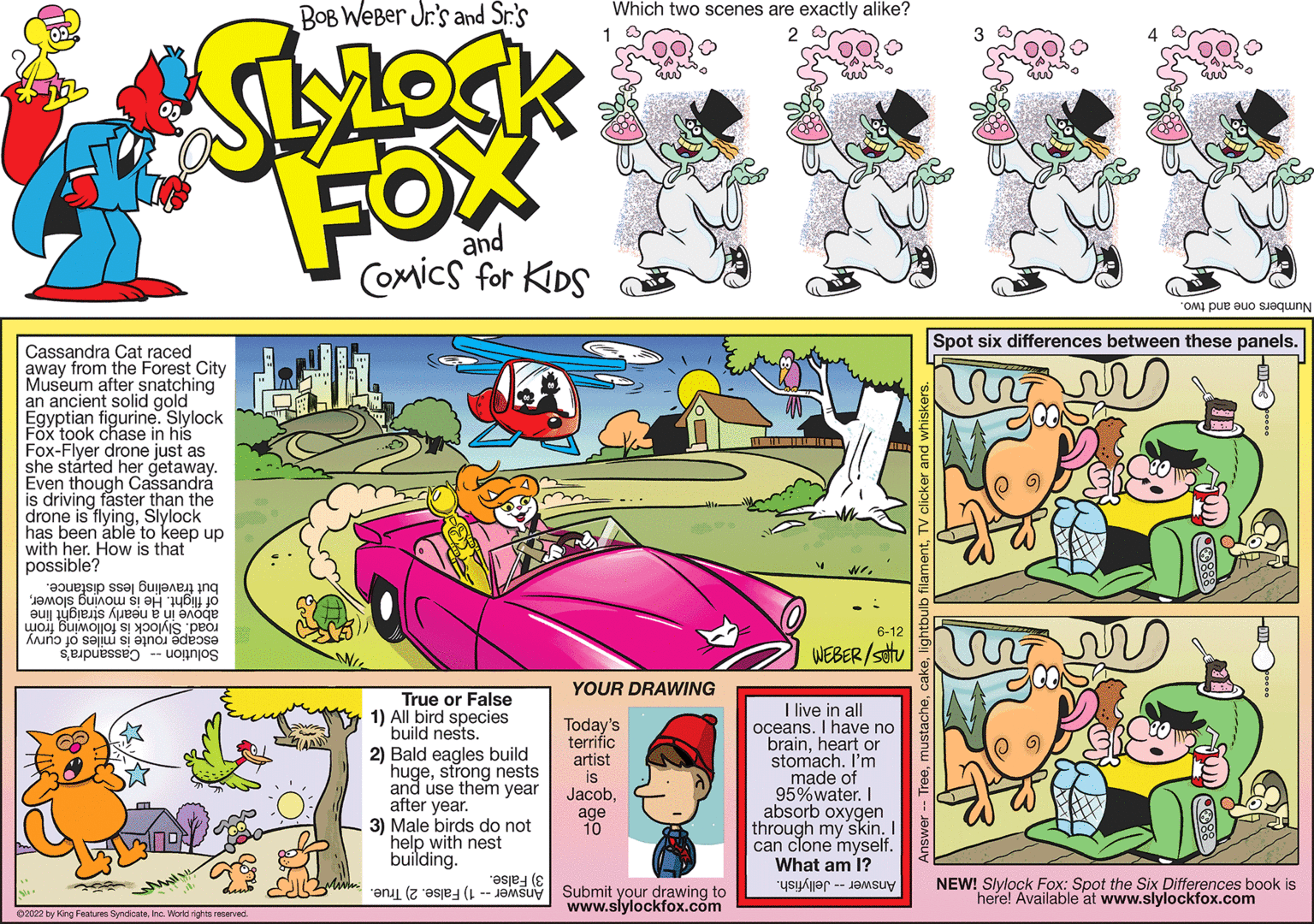 Font OCR: Cassandra Cat raced away from the Forest City Museum after snatching an ancient solid gold Egyptian Fox took figurine. Slylock chase in his Fox-Flyer drone just as she started her getaway. Even though Cassandra is driving faster than the drone is flyingSlylock has been able to keep up with her. How is that possible? ???esip ssa Bua bing mos un ?u ??? is u? ? ? ? ????? o to s Xuño jo sejju i de Spo ?2022 by King Features SyndicateInc. World rights reserved True or False 1) All bird species build nests. 2) Bald eagles build hugestrong nests and use them year after year. 3) Male birds do not help with nest building. ( a Je YOUR DRAWING Today's terrific artist is Jacobage 10 Submit your drawing to www.slylockfox.com TILI 6-12 WEBER/settu I live in all oceans. I have no brainheart or stomach. I'm made of 95% water. I absorb oxygen through my skin. I can clone myself. What am I? Spot six differences between these panels. V Jou st NEW! Slylock Fox: Spot the Six Differences book is here! Available at www.slylockfox.com Cassandra Cat raced away from the Forest City Museum after snatching an ancient solid gold Egyptian Fox took figurine . Slylock chase in his Fox - Flyer drone just as she started her getaway . Even though Cassandra is driving faster than the drone is flyingSlylock has been able to keep up with her . How is that possible ? ??? esip ssa Bua bing mos un ?u ??? is u? ? ? ? ????? o to s Xuño jo sejju i de Spo ?2022 by King Features SyndicateInc. World rights reserved True or False 1 ) All bird species build nests . 2 ) Bald eagles build hugestrong nests and use them year after year . 3 ) Male birds do not help with nest building . ( a Je YOUR DRAWING Today's terrific artist is Jacobage 10 Submit your drawing to www.slylockfox.com TILI 6-12 WEBER / settu I live in all oceans . I have no brainheart or stomach . I'm made of 95 % water . I absorb oxygen through my skin . I can clone myself . What am I ? Spot six differences between these panels . V Jou st NEW ! Slylock Fox : Spot the Six Differences book is here ! Available at www.slylockfox.com