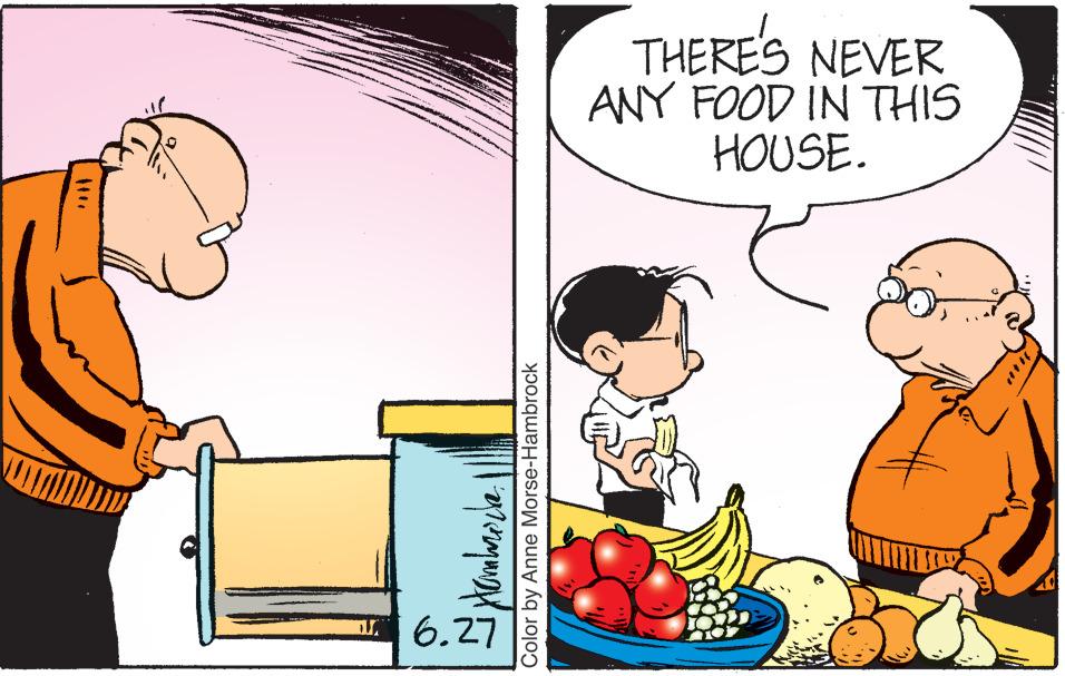 Illustration OCR: Hambrücke. Color by Anne Morse-Hambrock 6.27 THERE'S NEVER ANY FOOD IN THIS HOUSE. 21000 Hambrücke . Color by Anne Morse - Hambrock 6.27 THERE'S NEVER ANY FOOD IN THIS HOUSE . 21000