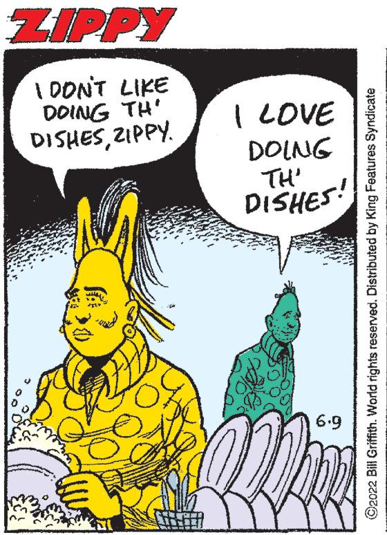 Line OCR: ZIPPY I DON'T LIKE DOING TH' DISHESZIPPY. Mlle I LOVE DOING TH' DISHES! 6.9 ?2022 Bill Griffith. World rights reserved. Distributed by King Features Syndicate ZIPPY I DON'T LIKE DOING TH ' DISHESZIPPY . Mlle I LOVE DOING TH ' DISHES ! 6.9 ?2022 Bill Griffith . World rights reserved . Distributed by King Features Syndicate