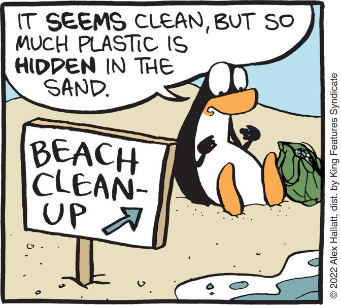 Humour OCR: IT SEEMS CLEANBUT SO MUCH PLASTIC IS HIDDEN IN THE SAND. BEACH CLEAN- UP ?2022 Alex Hallattdist. by King Features Syndicate IT SEEMS CLEANBUT SO MUCH PLASTIC IS HIDDEN IN THE SAND . BEACH CLEAN UP ?2022 Alex Hallattdist . by King Features Syndicate