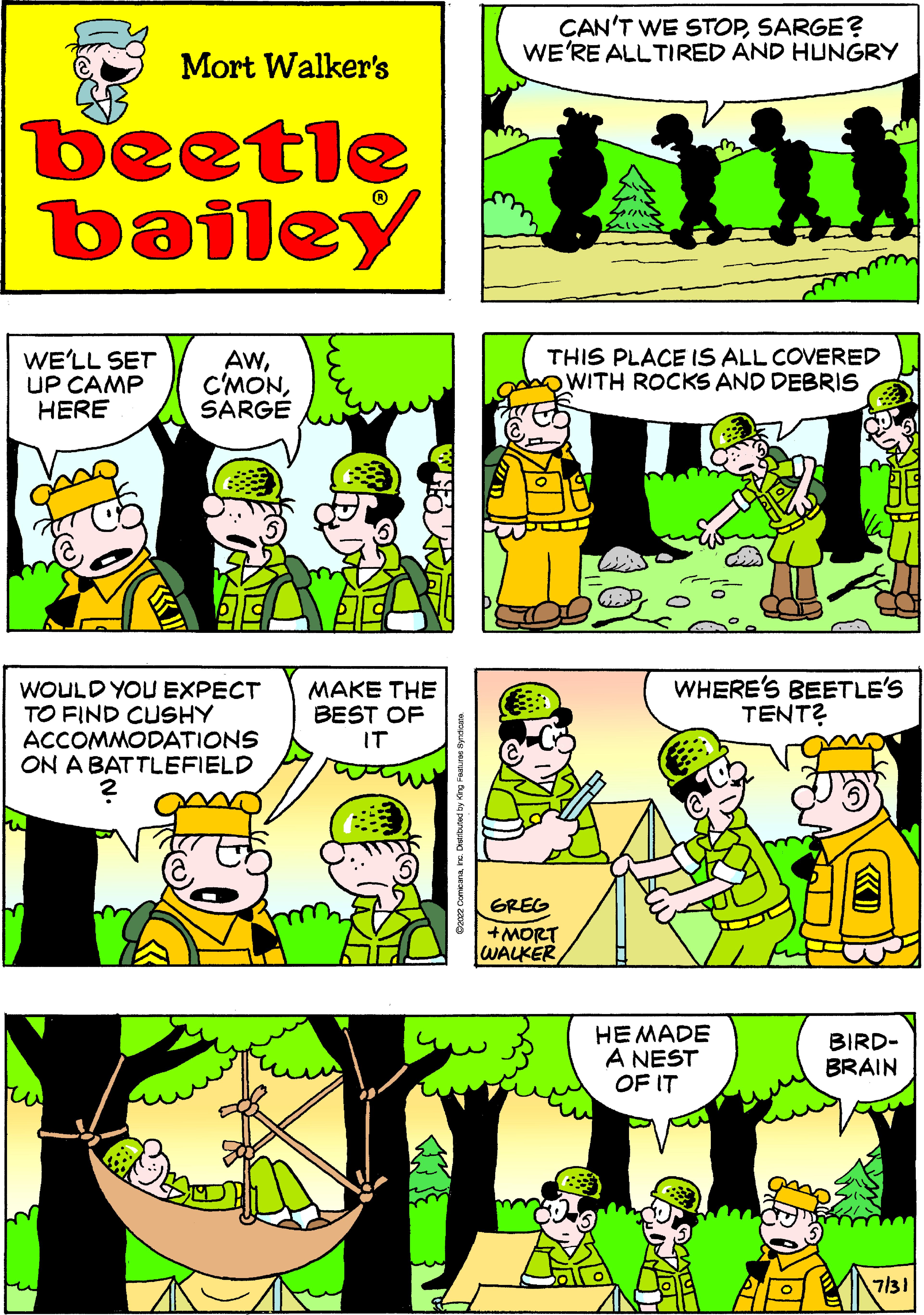 Mammal OCR: Mort Walker's beetle bailey WE'LL SET UP CAMP HERE WOULD YOU EXPECT TO FIND CUSHY ACCOMMODATIONS ON A BATTLEFIELD Fou AWSARGE ? MAKE THE BEST OF IT CAN'T WE STOPSARGE? WE'RE ALL TIRED AND HUNGRY THIS PLACE IS ALL COVERED WITH ROCKS AND DEBRIS GREG +MORT WALKER WHERE'S BEETLE'S HE MADE A NEST OF IT TENT? D BIRD- BRAIN 7/31 Mort Walker's beetle bailey WE'LL SET UP CAMP HERE WOULD YOU EXPECT TO FIND CUSHY ACCOMMODATIONS ON A BATTLEFIELD Fou AWSARGE ? MAKE THE BEST OF IT CAN'T WE STOPSARGE ? WE'RE ALL TIRED AND HUNGRY THIS PLACE IS ALL COVERED WITH ROCKS AND DEBRIS GREG + MORT WALKER WHERE'S BEETLE'S HE MADE A NEST OF IT TENT ? D BIRD BRAIN 7/31
