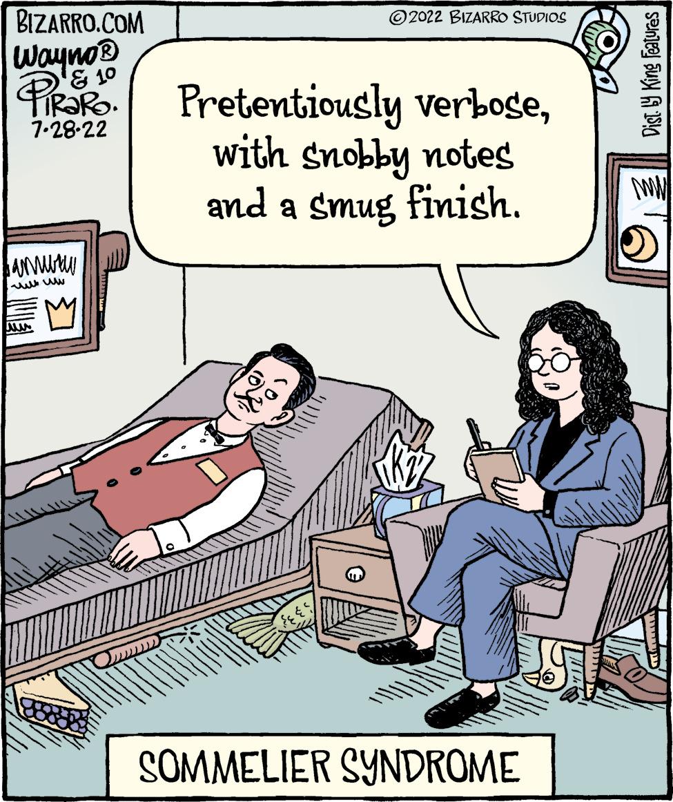 Art OCR: BIZARRO.COM Wayno? ? ?? PiRaRo. 7.28.22 anwww ?? ???? w 2022 BIZARRO STUDIOS Pretentiously verbosewith snobby notes and a smug finish. SOMMELIER SYNDROME Dist. y King Features ww BIZARRO.COM Wayno? ? ?? PiRaRo . 7.28.22 anwww ?? ???? w 2022 BIZARRO STUDIOS Pretentiously verbosewith snobby notes and a smug finish . SOMMELIER SYNDROME Dist . y King Features ww