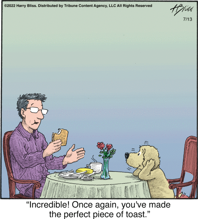 Happy OCR: ?2022 Harry Bliss. Distributed by Tribune Content AgencyLLC All Rights Reserved HIN 7/13 "Incredible! Once againyou've made the perfect piece of toast." ?2022 Harry Bliss . Distributed by Tribune Content AgencyLLC All Rights Reserved HIN 7/13 " Incredible ! Once againyou've made the perfect piece of toast . "