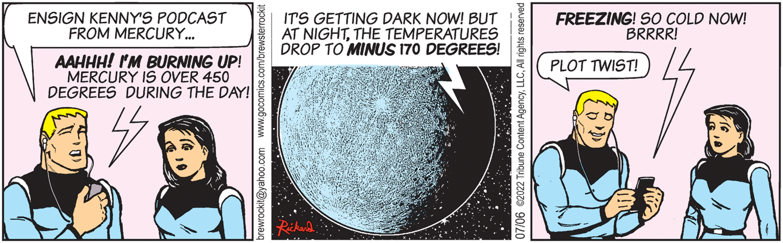 Metal OCR: ENSIGN KENNY'S PODCAST FROM MERCURY... AAHHH! I'M BURNING UP! MERCURY IS OVER 450 DEGREES DURING THE DAY! brewrockit@yahoo.com www.gocomics. IT'S GETTING DARK NOW! BUT AT NIGHTTHE TEMPERATURES DROP TO MINUS 170 DEGREES! 07/06 ©2022 Tribune Content AgencyAll rights reserved FREEZING! SO COLD NOW! BRRRR! 4 PLOT TWIST! ENSIGN KENNY'S PODCAST FROM MERCURY ... AAHHH ! I'M BURNING UP ! MERCURY IS OVER 450 DEGREES DURING THE DAY ! brewrockit@yahoo.com www.gocomics . IT'S GETTING DARK NOW ! BUT AT NIGHTTHE TEMPERATURES DROP TO MINUS 170 DEGREES ! 07/06 © 2022 Tribune Content AgencyAll rights reserved FREEZING ! SO COLD NOW ! BRRRR ! 4 PLOT TWIST !