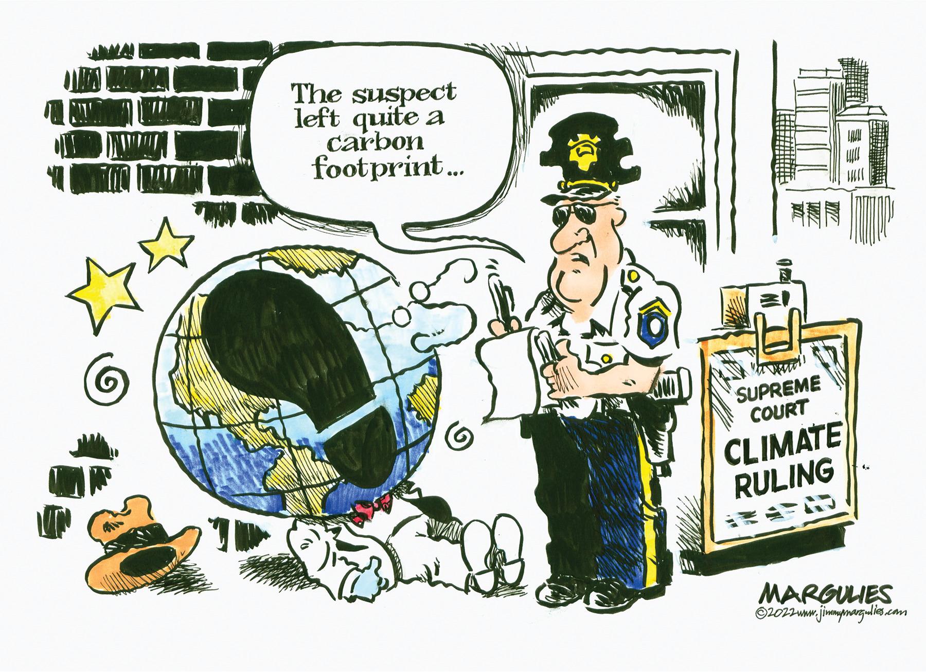 Illustration OCR: The suspect left quite a carbon footprint... Da an SUPREME COURT CLIMATE RULING MARGULIES ?2022 www.jimmymargulies.com The suspect left quite a carbon footprint ... Da an SUPREME COURT CLIMATE RULING MARGULIES ?2022 www.jimmymargulies.com