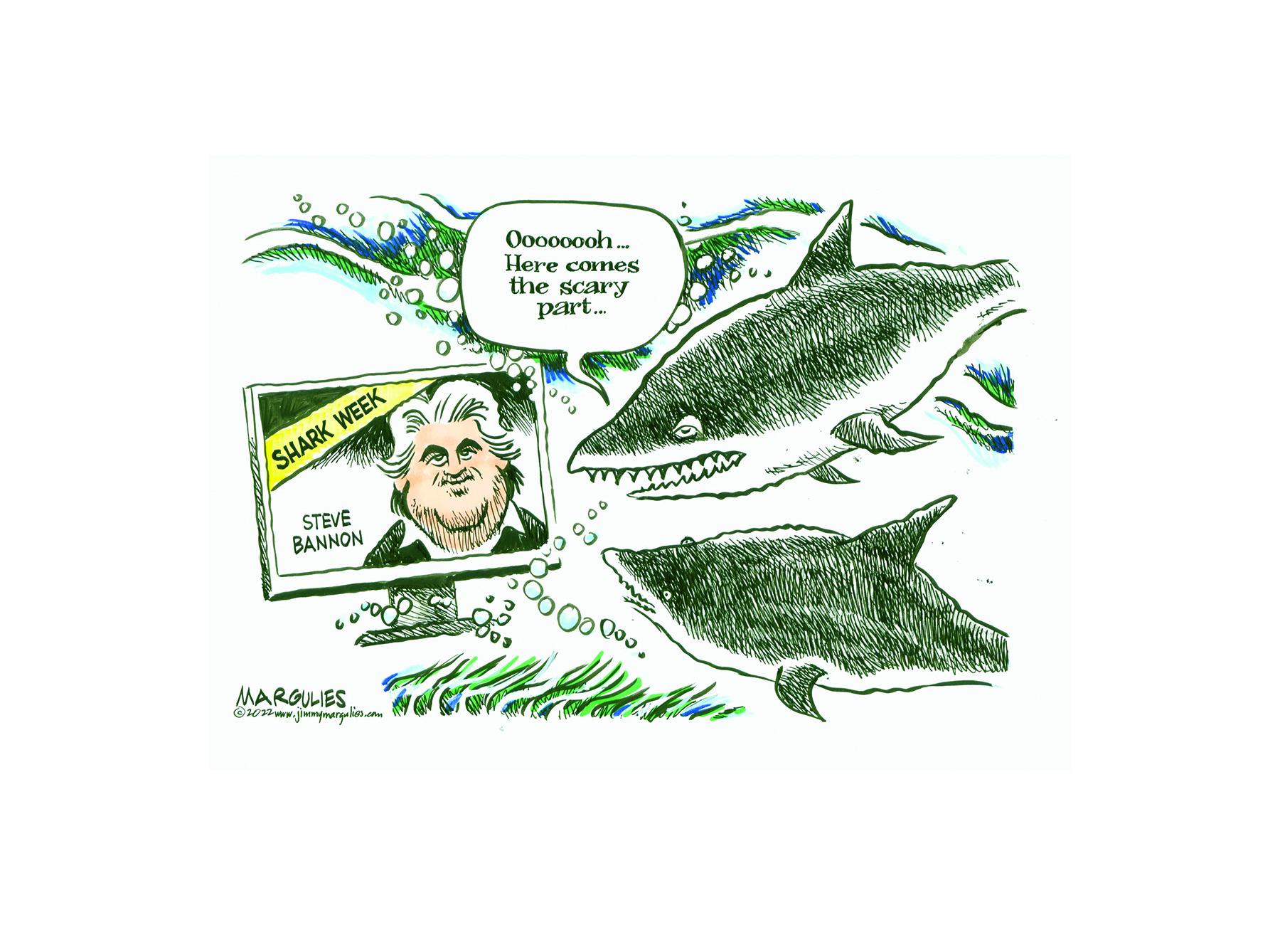 Line art OCR: SHARK WEEK STEVE BANNON MARGULIES. ?2022 www.jimmymargaliss.com 0000000h... Here comes the scary part... 00000. SHARK WEEK STEVE BANNON MARGULIES . ?2022 www.jimmymargaliss.com 0000000h ... Here comes the scary part ... 00000 .