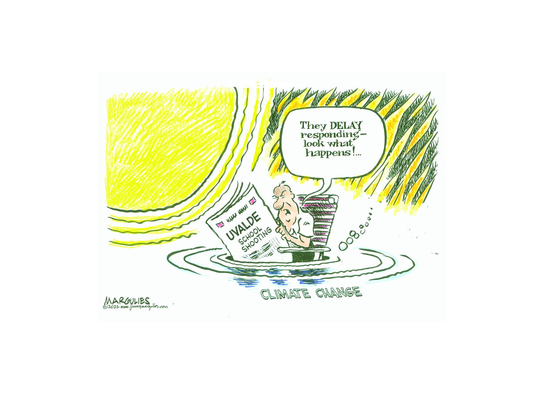 Drawing OCR: MARGULIES ?2022 www.jimmymargulies.com 22 O UVALDE SCHOONG. They DELAY responding- look what happens!... 800 CLIMATE CHANGE MARGULIES ?2022 www.jimmymargulies.com 22 O UVALDE SCHOONG . They DELAY responding look what happens ! ... 800 CLIMATE CHANGE