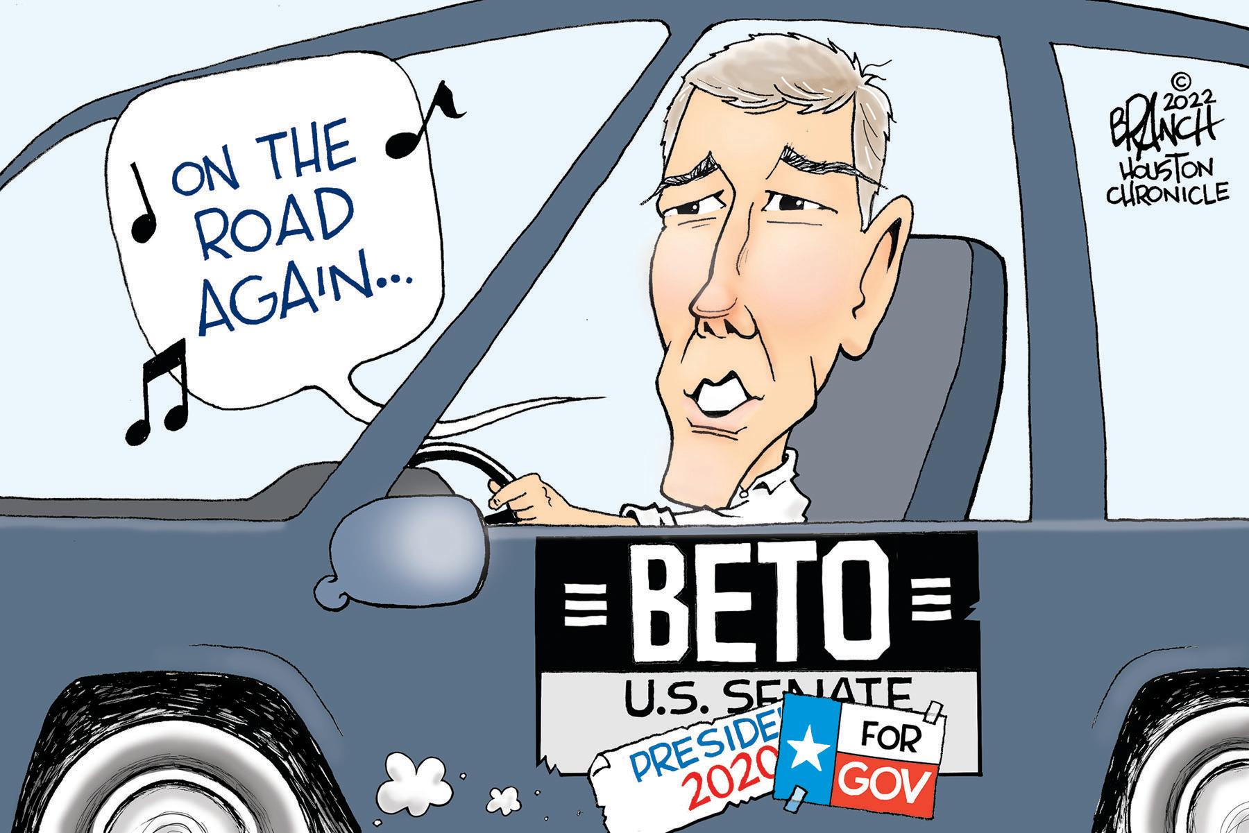 Cartoon OCR: ON THE ROAD AGAIN... = 111 BETO= U.S. SENATE PRESIDE 2020 4 FOR GOV 12022 BRINCH HOUSTON CHRONICLE ON THE ROAD AGAIN ... = 111 BETO = U.S. SENATE PRESIDE 2020 4 FOR GOV 12022 BRINCH HOUSTON CHRONICLE