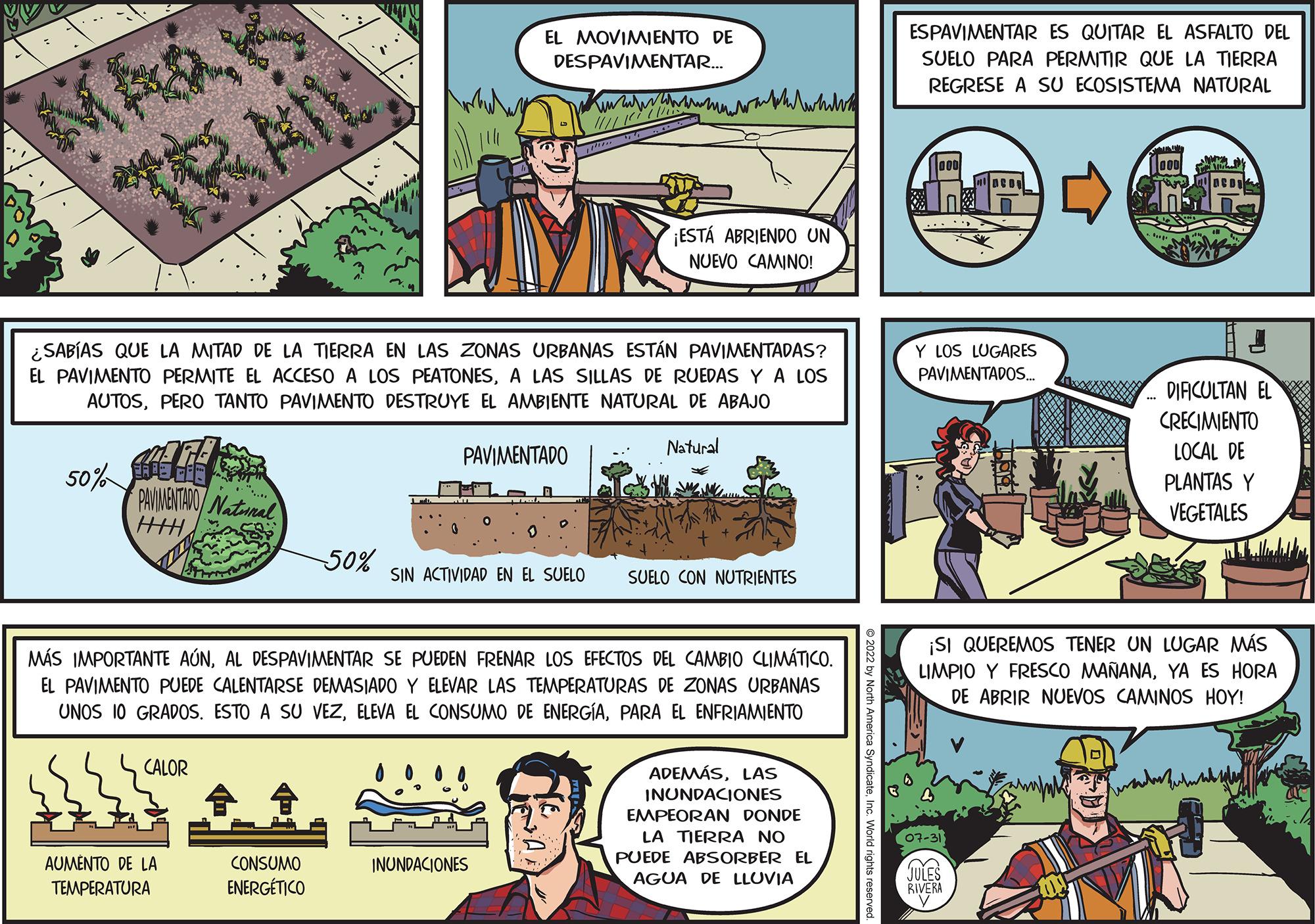 Parallel OCR: ME 50% HINGG PAVIMENTADO Natural HHH ¿SABÍAS QUE LA MITAD DE LA TIERRA EN LAS ZONAS URBANAS ESTÁN PAVIMENTADAS? EL PAVIMENTO PERMITE EL ACCESO A LOS PEATONESA LAS SILLAS DE RUEDAS Y A LOS AUTOSPERO TANTO PAVIMENTO DESTRUYE EL AMBIENTE NATURAL DE ABAJO CALOR AUMENTO DE LA TEMPERATURA www. -50% CONSUMO ENERGÉTICO EL MOVIMIENTO DE DESPAVIMENTAR.... PAVIMENTADO 0 Konwerterweitewhite INUNDACIONES SIN ACTIVIDAD EN EL SUELO ¡ESTÁ ABRIENDO UN NUEVO CAMINO! MÁS IMPORTANTE AÚNAL DESPAVIMENTAR SE PUEDEN FRENAR LOS EFECTOS DEL CAMBIO CLIMÁTICO. EL PAVIMENTO PUEDE CALENTARSE DEMASIADO Y ELEVAR LAS TEMPERATURAS DE ZONAS URBANAS UNOS 10 GRADOS. ESTO A SU VEZPARA EL ENFRIAMIENTO Natural SUELO CON NUTRIENTES ADEMÁSLAS INUNDACIONES EMPEORAN DONDE LA TIERRA NO PUEDE ABSORBER EL AGUA DE LLUVIA ESPAVIMENTAR ES QUITAR EL ASFALTO DEL SUELO PARA PERMITIR QUE LA TIERRA REGRESE A SU ECOSISTEMA NATURAL Y LOS LUGARES PAVIMENTADOS... 000 07-31 JULES RIVERA TOBOOK 87 DIFICULTAN EL CRECIMIENTO LOCAL DE PLANTAS Y VEGETALES ¡SI QUEREMOS TENER UN LUGAR MÁS LIMPIO Y FRESCO MAÑANAYA ES HORA DE ABRIR NUEVOS CAMINOS HOY! ME 50 % HINGG PAVIMENTADO Natural HHH ¿ SABÍAS QUE LA MITAD DE LA TIERRA EN LAS ZONAS URBANAS ESTÁN PAVIMENTADAS ? EL PAVIMENTO PERMITE EL ACCESO A LOS PEATONESA LAS SILLAS DE RUEDAS Y A LOS AUTOSPERO TANTO PAVIMENTO DESTRUYE EL AMBIENTE NATURAL DE ABAJO CALOR AUMENTO DE LA TEMPERATURA www . -50 % CONSUMO ENERGÉTICO EL MOVIMIENTO DE DESPAVIMENTAR .... PAVIMENTADO 0 Konwerterweitewhite INUNDACIONES SIN ACTIVIDAD EN EL SUELO ¡ ESTÁ ABRIENDO UN NUEVO CAMINO ! MÁS IMPORTANTE AÚNAL DESPAVIMENTAR SE PUEDEN FRENAR LOS EFECTOS DEL CAMBIO CLIMÁTICO . EL PAVIMENTO PUEDE CALENTARSE DEMASIADO Y ELEVAR LAS TEMPERATURAS DE ZONAS URBANAS UNOS 10 GRADOS . ESTO A SU VEZELEVA EL CONSUMO DE ENERGÍAPARA EL ENFRIAMIENTO Natural SUELO CON NUTRIENTES ADEMÁSLAS INUNDACIONES EMPEORAN DONDE LA TIERRA NO PUEDE ABSORBER EL AGUA DE LLUVIA ESPAVIMENTAR ES QUITAR EL ASFALTO DEL SUELO PARA PERMITIR QUE LA TIERRA REGRESE A SU ECOSISTEMA NATURAL Y LOS LUGARES PAVIMENTADOS ... 000 07-31 JULES RIVERA TOBOOK 87 DIFICULTAN EL CRECIMIENTO LOCAL DE PLANTAS Y VEGETALES ¡ SI QUEREMOS TENER UN LUGAR MÁS LIMPIO Y FRESCO MAÑANAYA ES HORA DE ABRIR NUEVOS CAMINOS HOY !