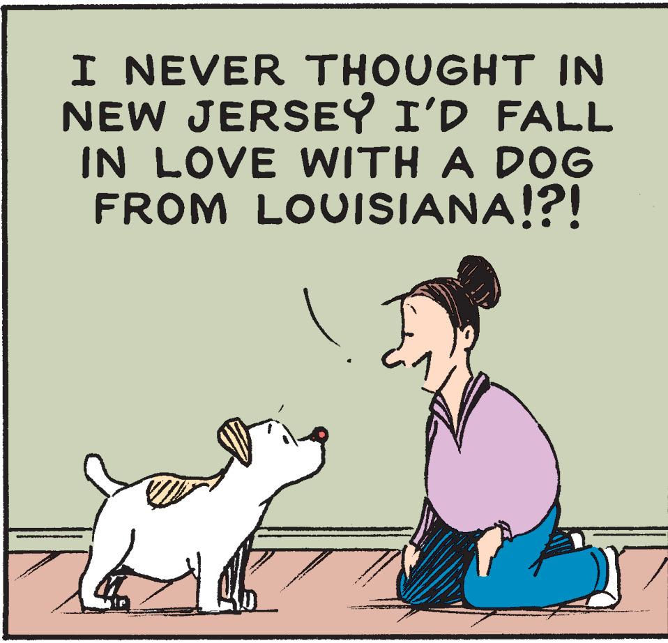 Line OCR: I NEVER THOUGHT IN NEW JERSEY I'D FALL IN LOVE WITH A DOG FROM LOUISIANA!?! I NEVER THOUGHT IN NEW JERSEY I'D FALL IN LOVE WITH A DOG FROM LOUISIANA ! ? !