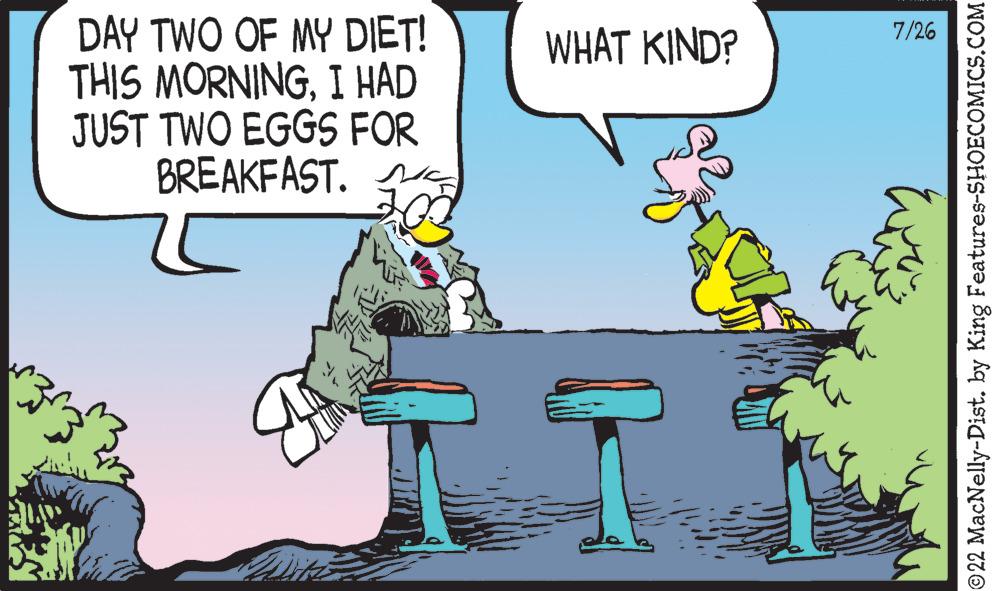 Conversation OCR: Fars DAY TWO OF MY DIET! THIS MORNINGI HAD JUST TWO EGGS FOR BREAKFAST. WHAT KIND? 7/26 ©22 MacNelly-Dist. by King Features-SHOECOMICS.COM Fars DAY TWO OF MY DIET ! THIS MORNINGI HAD JUST TWO EGGS FOR BREAKFAST . WHAT KIND ? 7/26 © 22 MacNelly - Dist . by King Features-SHOECOMICS.COM