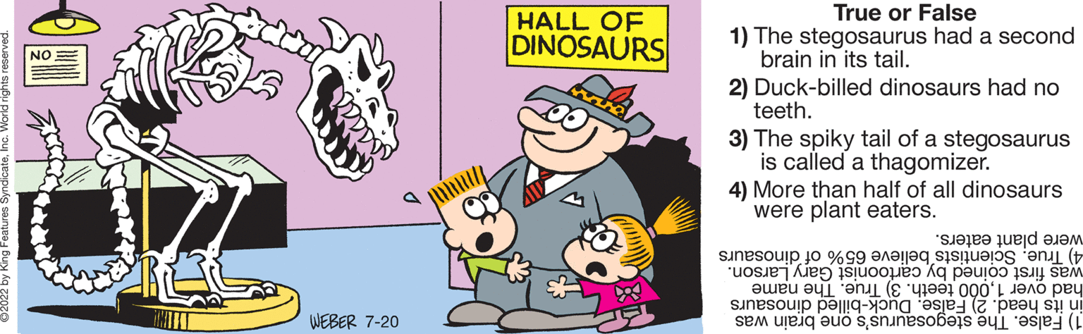 Pink OCR: WEBER 7-20 HALL OF DINOSAURS True or False 1) The stegosaurus had a second brain in its tail. 2) Duck-billed dinosaurs had no teeth. 3) The spiky tail of a stegosaurus is called a thagomizer. 4) More than half of all dinosaurs were plant eaters. were plant eaters. 65% of dinosaurs 4) TrueScientists believe was first coined by cartoonist Gary Larson. had over 1000 teeth. 3) True. The name in its head. 2) False. Duck-billed dinosaurs 1) False. The stegosaurus's one brain was WEBER 7-20 HALL OF DINOSAURS True or False 1 ) The stegosaurus had a second brain in its tail . 2 ) Duck - billed dinosaurs had no teeth . 3 ) The spiky tail of a stegosaurus is called a thagomizer . 4 ) More than half of all dinosaurs were plant eaters . were plant eaters . 65 % of dinosaurs 4 ) TrueScientists believe was first coined by cartoonist Gary Larson . had over 1000 teeth . 3 ) True . The name in its head . 2 ) False . Duck - billed dinosaurs 1 ) False . The stegosaurus's one brain was