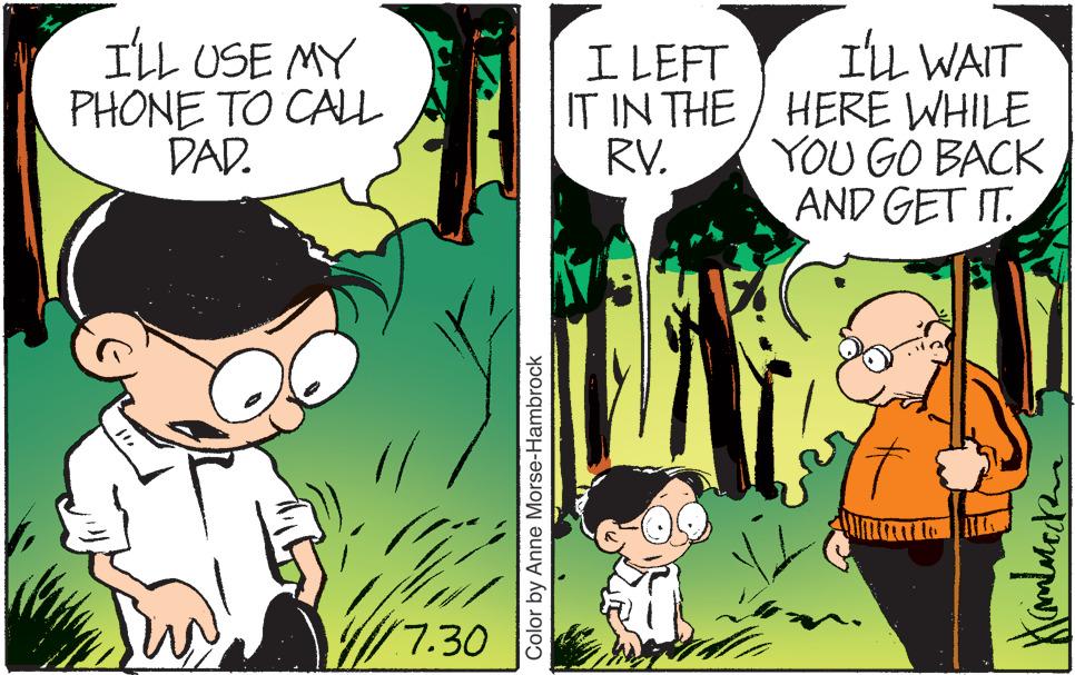 Interaction OCR: I'LL USE MY PHONE TO CALL DAD. 7.30 Color by Anne Morse-Hambrock I LEFT IT IN THE RV. I'LL WAIT HERE WHILE YOU GO BACK AND GET IT. Hambreken I'LL USE MY PHONE TO CALL DAD . 7.30 Color by Anne Morse - Hambrock I LEFT IT IN THE RV . I'LL WAIT HERE WHILE YOU GO BACK AND GET IT . Hambreken