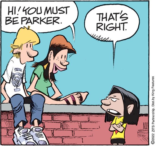 Fictional character OCR: HI! YOU MUST BE PARKER. CIC THAT'S RIGHT. ?2022 ZITS Partnership. Dist.by King Features HI ! YOU MUST BE PARKER . CIC THAT'S RIGHT . ?2022 ZITS Partnership . Dist.by King Features