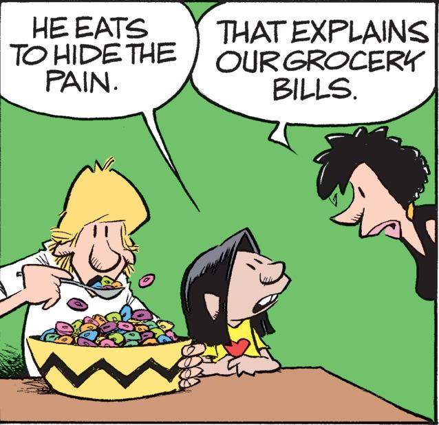 Rectangle OCR: HE EATS TO HIDE THE PAIN. OUR THAT EXPLAINS GROCERY BILLS. HE EATS TO HIDE THE PAIN . OUR THAT EXPLAINS GROCERY BILLS .