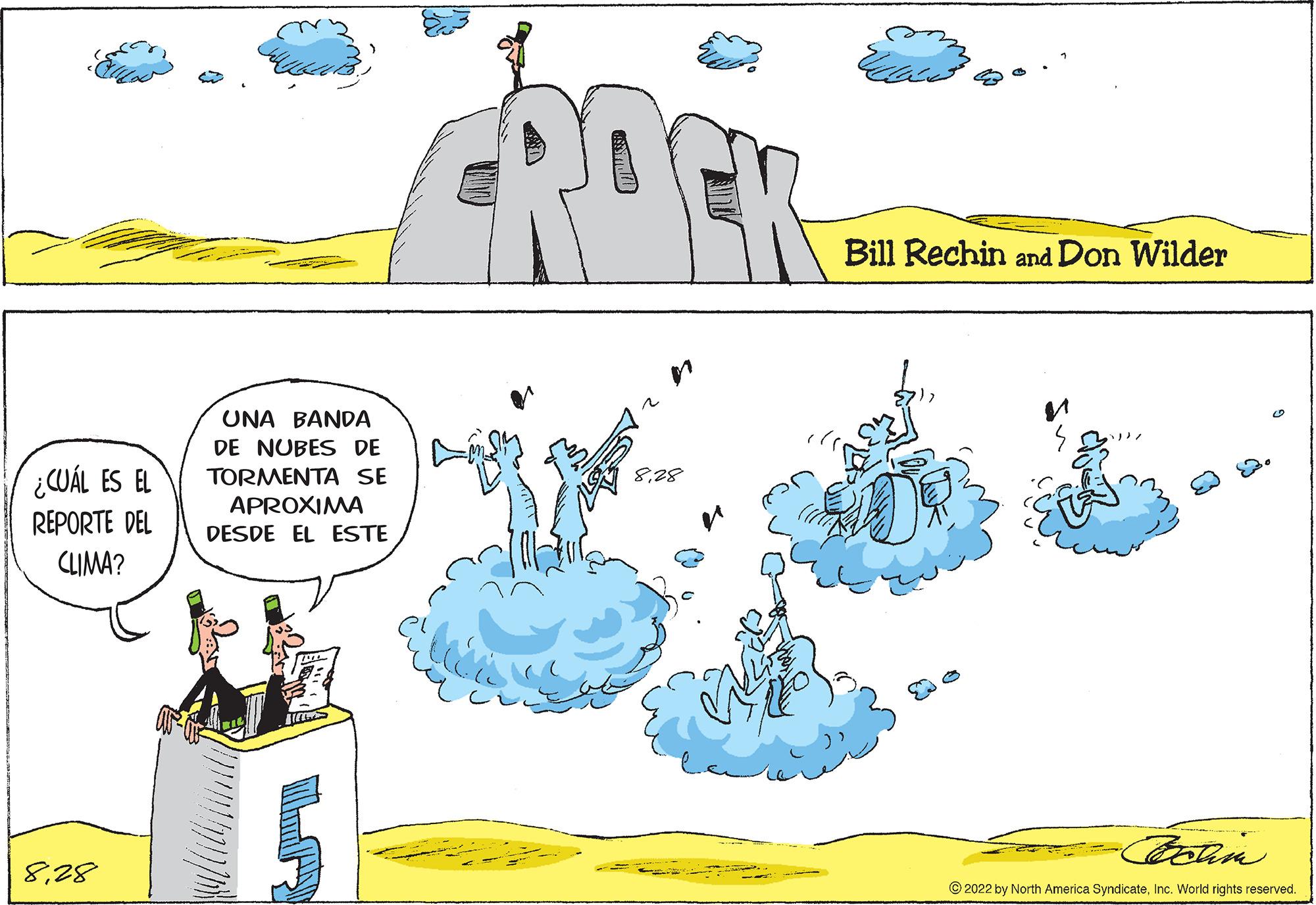 Illustration OCR: ¿CUÁL ES EL REPORTE DEL CLIMA? 828 UNA BANDA DE NUBES DE TORMENTA SE APROXIMA DESDE EL ESTE POR 20 828 Bill Rechin and Don Wilder C Bohin ?2022 by North America SyndicateInc. World rights reserved. ¿ CUÁL ES EL REPORTE DEL CLIMA ? 828 UNA BANDA DE NUBES DE TORMENTA SE APROXIMA DESDE EL ESTE POR 20 828 Bill Rechin and Don Wilder C Bohin ?2022 by North America SyndicateInc. World rights reserved .