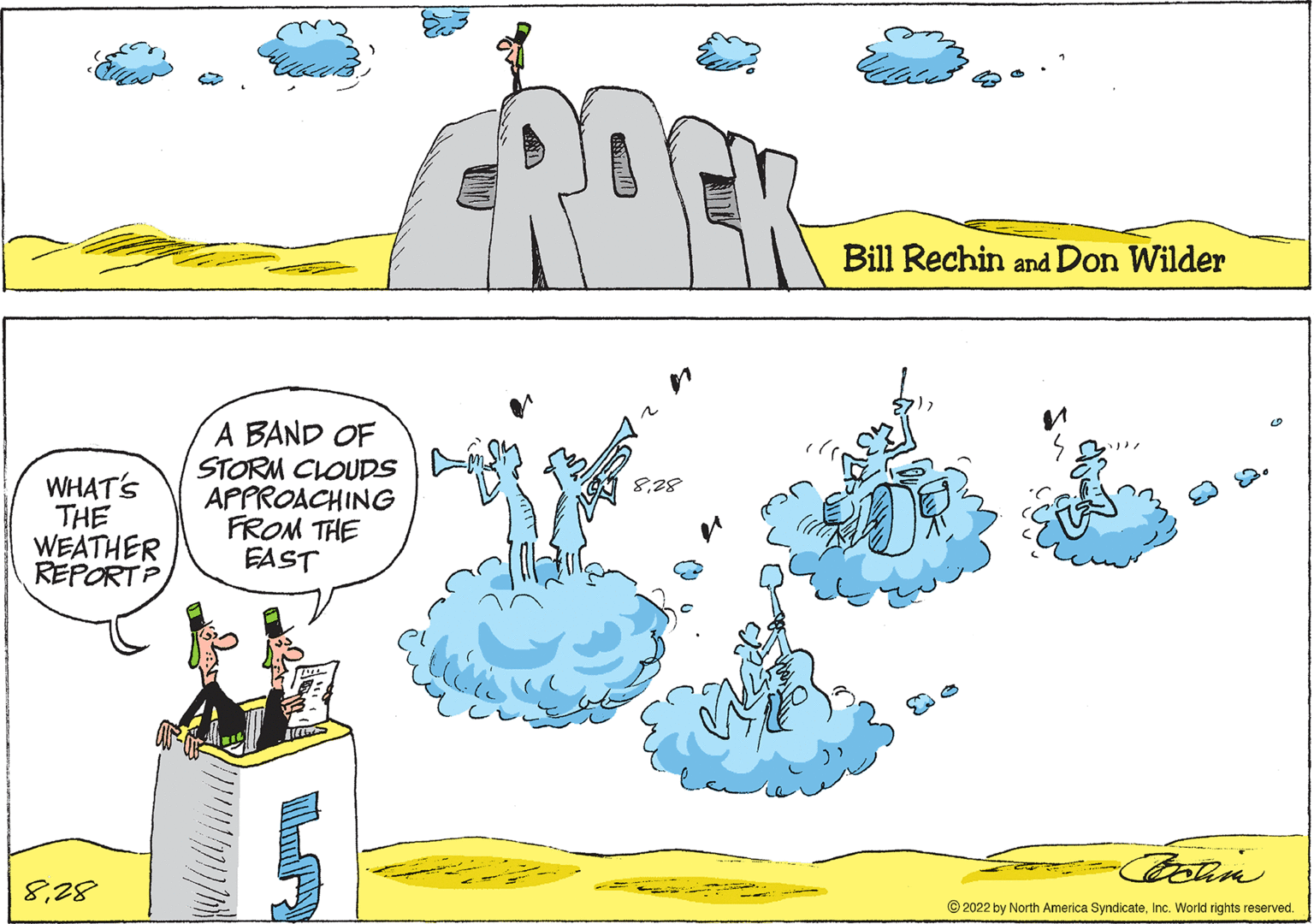 Line art OCR: WHAT'S THE WEATHER REPORT P 828 A BAND OF STORM CLOUDS APPROACHING FROM THE FAST CROC 828 Bill Rechin and Don Wilder Bohin ?2022 by North America SyndicateInc. World rights reserved. WHAT'S THE WEATHER REPORT P 828 A BAND OF STORM CLOUDS APPROACHING FROM THE FAST CROC 828 Bill Rechin and Don Wilder Bohin ?2022 by North America SyndicateInc. World rights reserved .