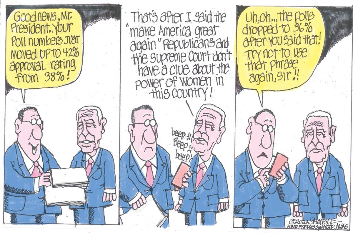 Fictional character OCR: Good newsMr. President. Your Poll numbers JUST Moved UP TO 42% approval rating from 38%! That's after I said the make America great again "Republicans and the Supreme Court don't have a clue about the 12 Power of women in this country! beep Beepin beep Uhch...the polls dropped to 36% after you said that! Try not to use that phrase againsir!! C2022 AMBLE KING FONDOSSO CORINAS Good newsMr . President . Your Poll numbers JUST Moved UP TO 42 % approval rating from 38 % ! That's after I said the make America great again " Republicans and the Supreme Court don't have a clue about the 12 Power of women in this country ! beep Beepin beep Uhch ... the polls dropped to 36 % after you said that ! Try not to use that phrase againsir !! C2022 AMBLE KING FONDOSSO CORINAS