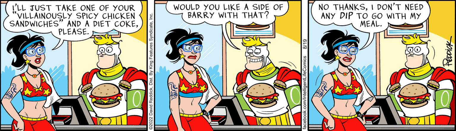 Sharing OCR: I'LL JUST TAKE ONE OF YOUR "VILLAINOUSLY SPICY CHICKEN SANDWICHES" AND A DIET COKEPLEASE. WOULD YOU LIKE A SIDE OF BARRY WITH THAT? NO THANKSI DON'T NEED ANY DIP TO GO WITH MY MEAL. PEDDICK I'LL JUST TAKE ONE OF YOUR " VILLAINOUSLY SPICY CHICKEN SANDWICHES " AND A DIET COKEPLEASE . WOULD YOU LIKE A SIDE OF BARRY WITH THAT ? NO THANKSI DON'T NEED ANY DIP TO GO WITH MY MEAL . PEDDICK