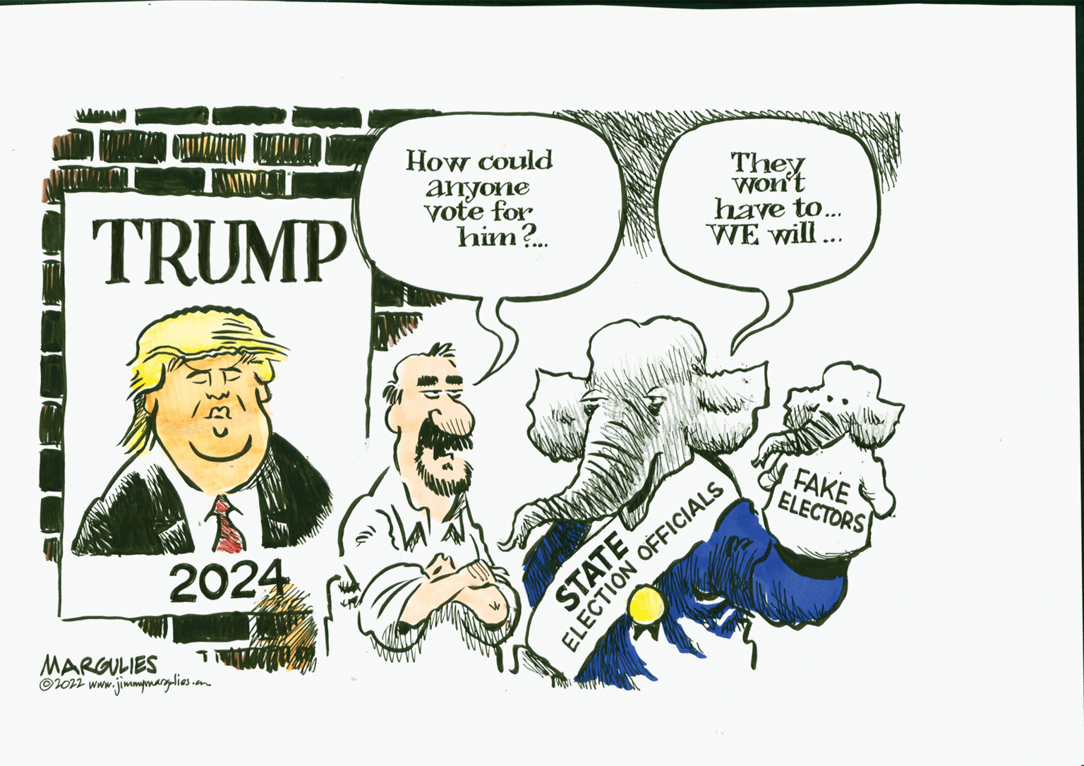 Rectangle OCR: WANAU TRUMP 2024 T MARGULIES ?2022 www.jimmymargulies.com How could anyone vote for him?.... They Won't have to... WE will... STATE ELECTION OFFICIALS FAKE ELECTORS WANAU TRUMP 2024 T MARGULIES ?2022 www.jimmymargulies.com How could anyone vote for him ? .... They Won't have to ... WE will ... STATE ELECTION OFFICIALS FAKE ELECTORS