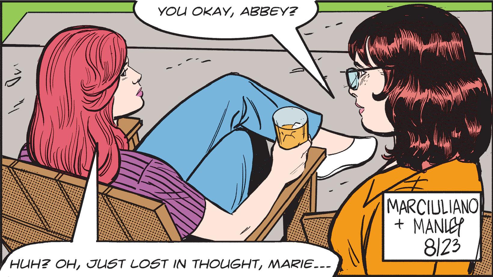Interaction OCR: Qui "YOU OKAYABBEY? HUH? OHMARIE... MARCIULIANO MANLEY 8123 Qui " YOU OKAYABBEY ? HUH ? OHJUST LOST IN THOUGHTMARIE ... MARCIULIANO MANLEY 8123