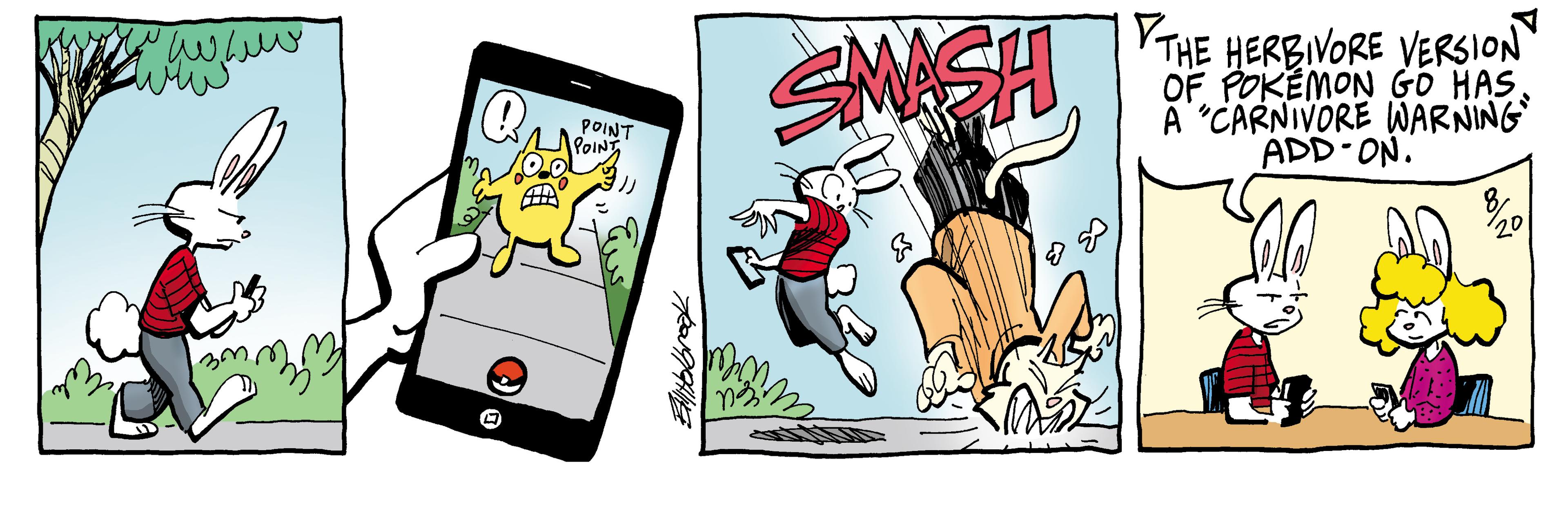 Illustration OCR: ? POINT Ellitolbr SMASH mm 133 THE HERBIVORE VERSION OF POKEMON GO HAS. A "CARNIVORE WARNING ADD-ON. 820 ? POINT Ellitolbr SMASH mm 133 THE HERBIVORE VERSION OF POKEMON GO HAS . A " CARNIVORE WARNING ADD - ON . 8
