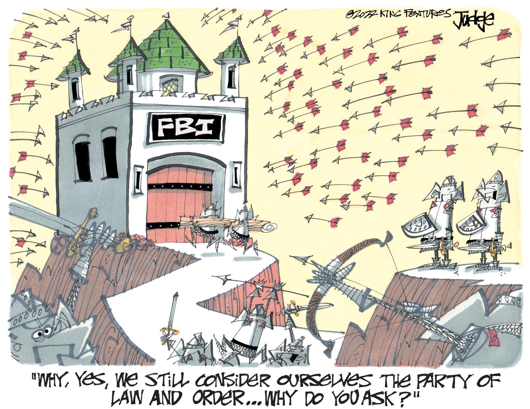 Painting OCR: TIIL 000000 FBI ZA 2022 KING FEXTURES. Judge "WHYWe STILL CONSIDER OURSELVES THE PARTY OF LAW AND ORDER... WHY DO YOU ASK?" TIIL 000000 FBI ZA 2022 KING FEXTURES . Judge " WHYWe STILL CONSIDER OURSELVES THE PARTY OF LAW AND ORDER ... WHY DO YOU ASK ? "