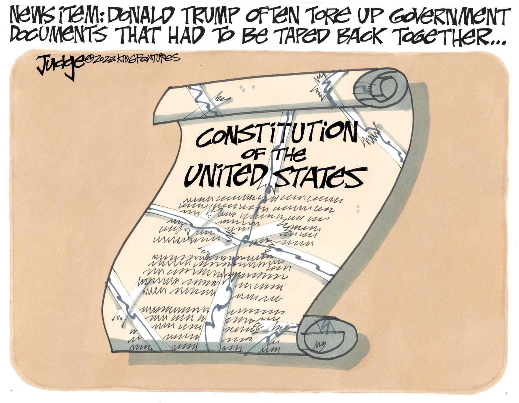 Label OCR: News item: DONALD TRUMP OFTEN TORE UP GOVERNMENT DOCUMENTS THAT HAD To Be TAPED BACK TOGETHER... @zoza KINGFEXTURES Judge®z-zakine CONSTITUTION OF THE UNITED STATES museum weincem. ingen annen. in two won nun m my murin nomin unte in und von mir Er int innen. min wie namundemmen. weiß menn. was nimmt. Jumm womens mr inn m ???? mind inn mmmmm morie sung m m ?? News item : DONALD TRUMP OFTEN TORE UP GOVERNMENT DOCUMENTS THAT HAD To Be TAPED BACK TOGETHER ... @zoza KINGFEXTURES Judge®z - zakine CONSTITUTION OF THE UNITED STATES museum weincem . ingen annen . in two won nun m my murin nomin unte in und von mir Er int innen . min wie namundemmen . weiß menn . was nimmt . Jumm womens mr inn m ???? mind inn mmmmm morie sung m m ??