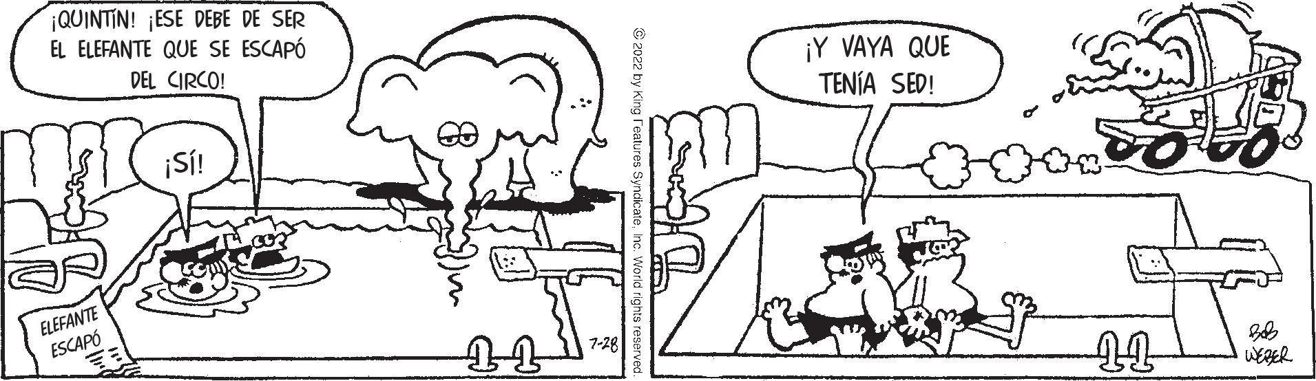 Rectangle OCR: ¡QUINTIN! ¡ESE DEBE DE SER EL ELEFANTE QUE SE ESCAPÓ DEL CIRCO! ELEFANTE ESCAPÓ ¡Sí! 7-28 ?2022 by King ¡Y VAYA QUE TENÍA SED! 14 Bob WEBER ¡ QUINTIN ! ¡ ESE DEBE DE SER EL ELEFANTE QUE SE ESCAPÓ DEL CIRCO ! ELEFANTE ESCAPÓ ¡ Sí ! 7-28 ?2022 by King ¡ Y VAYA QUE TENÍA SED ! 14 Bob WEBER