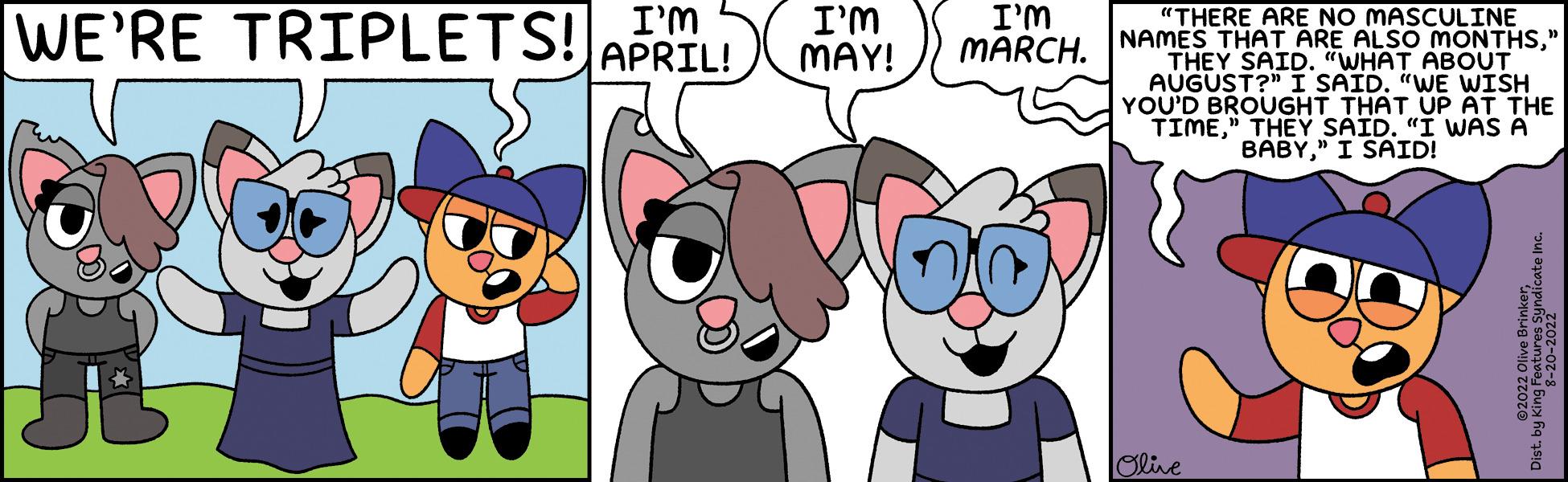 Happy OCR: I'M WE'RE TRIPLETS! APRIL I'M MAY! I'm MARCH. "THERE ARE NO MASCULINE NAMES THAT ARE ALSO MONTHS" THEY SAID. "WHAT ABOUT AUGUST?" I SAID. "WE WISH YOU'D BROUGHT THAT UP AT THE TIME" THEY SAID. "I WAS A BABY" I SAID! Olive Distby King Feat Brinker Dist. by King F-20-2022yndicate inc. I'M WE'RE TRIPLETS ! APRIL I'M MAY ! I'm MARCH . " THERE ARE NO MASCULINE NAMES THAT ARE ALSO MONTHS" THEY SAID . " WHAT ABOUT AUGUST ? " I SAID . " WE WISH YOU'D BROUGHT THAT UP AT THE TIME" THEY SAID . " I WAS A BABY" I SAID ! Olive Distby King Feat Brinker Dist . by King F - 20-2022yndicate inc .