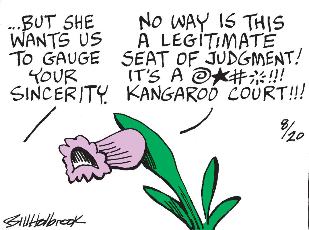 Rectangle OCR: ...BUT SHE WANTS US TO GAUGE YOUR SINCERITY Bill Holbrook NO WAY IS THIS A LEGITIMATE SEAT OF JUDGMENT! IT'S A @#*!!! KANGAROO COURT!!! 8/20 ... BUT SHE WANTS US TO GAUGE YOUR SINCERITY Bill Holbrook NO WAY IS THIS A LEGITIMATE SEAT OF JUDGMENT ! IT'S A @ # * !!! KANGAROO COURT !!! 8/20