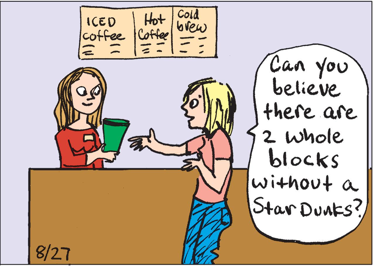 Interaction OCR: 8/27 Hot Cold ICED coffee Coffee brew Can you believe there are 2 whole blocks without a Star Dunks? 8/27 Hot Cold ICED coffee Coffee brew Can you believe there are 2 whole blocks without a Star Dunks ?